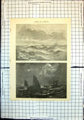 Original Old Antique Print Winter Off Yarmouth Day Night Ships Sea Stormy
