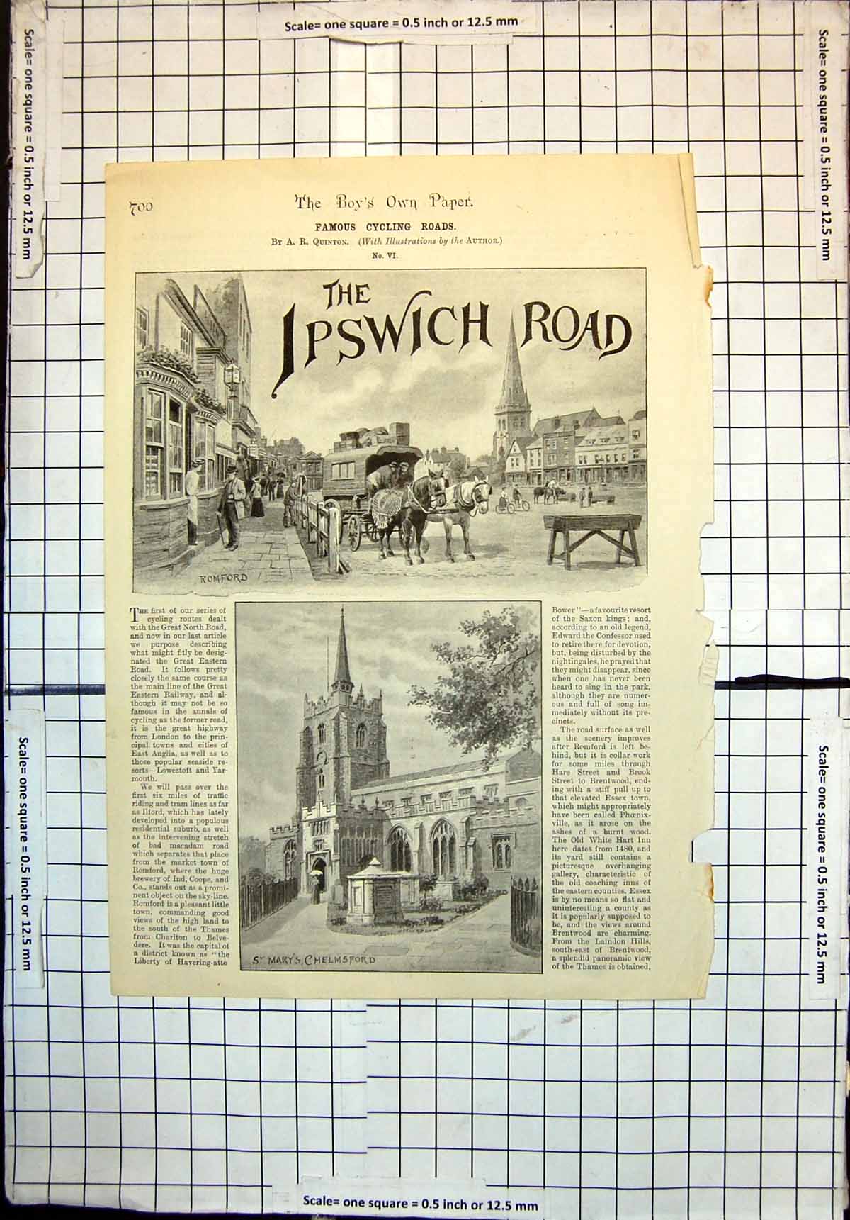 Antique Old Print Town Romford Church Shops Horse Cart St Marys Chelmsford