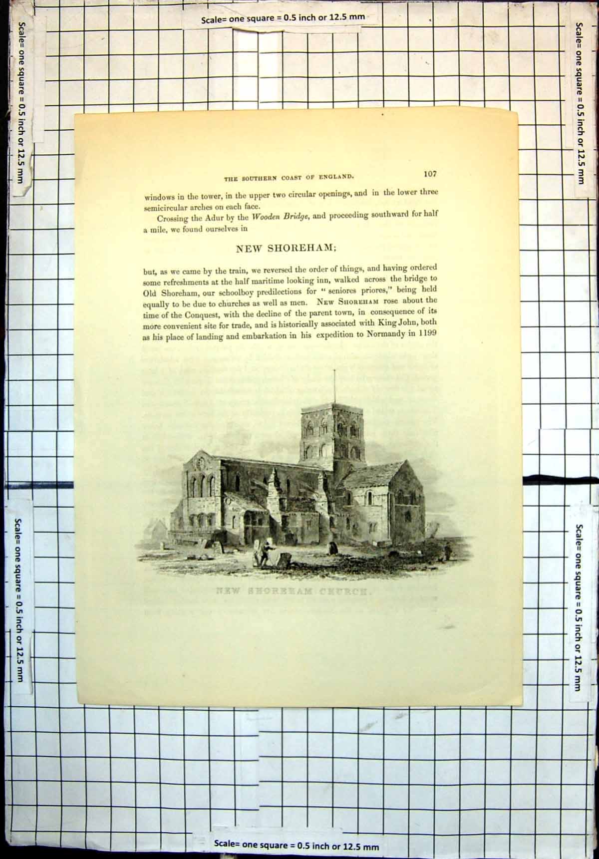 Original Old Antique Print New Shoreham Church