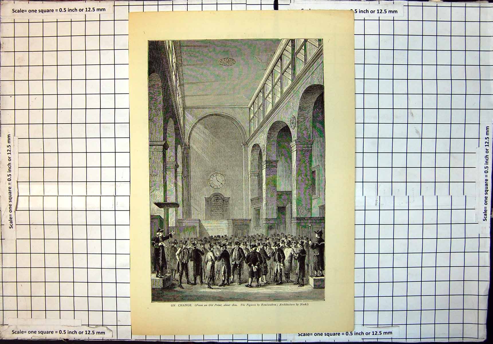 Original Old Antique Print On Change Crowd People London Stock Exchange C 1800