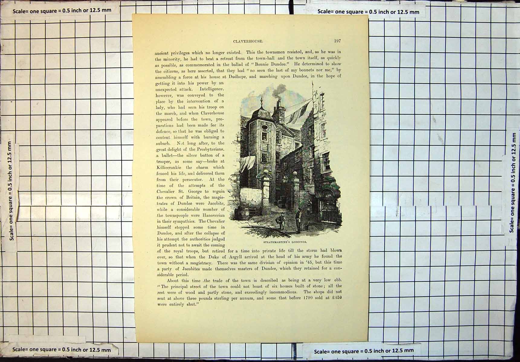 Original Old Antique Print Strathmartines Lodgings Dundee