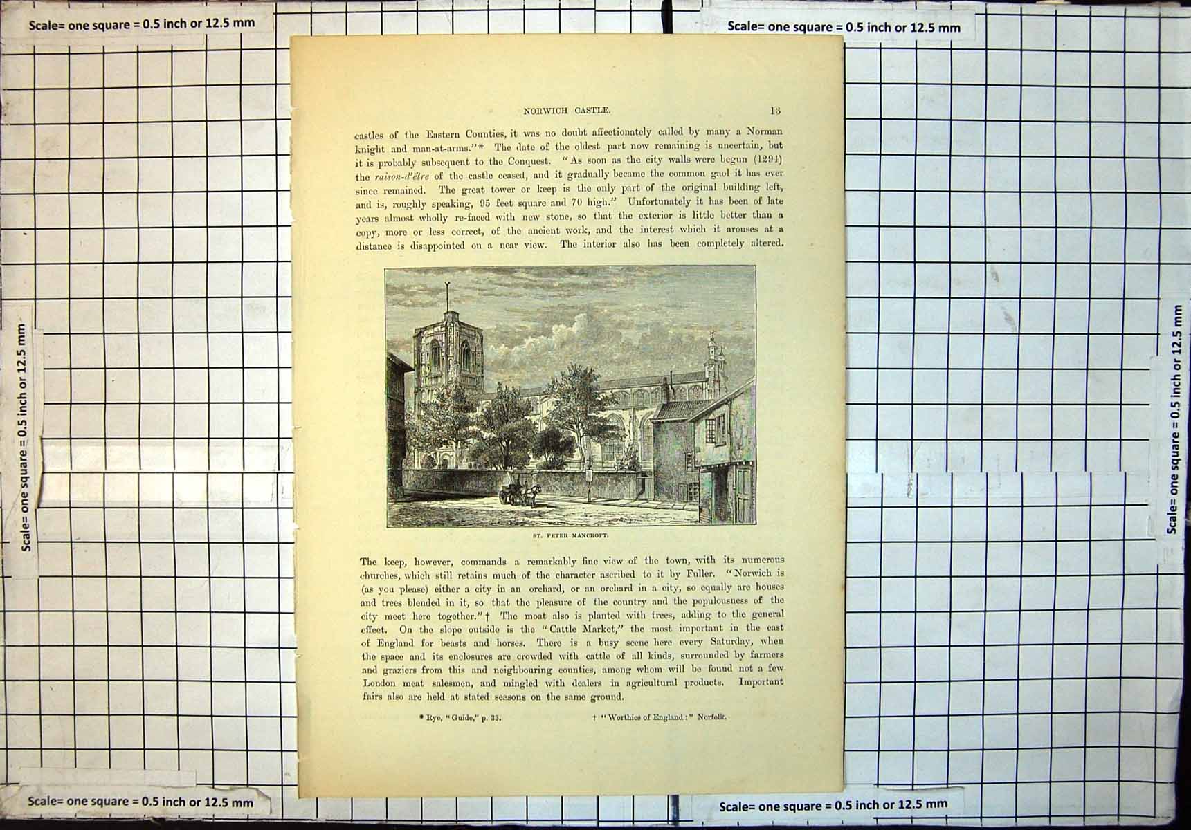 Original Old Antique Print Norwich Castle St Peter Mancroft