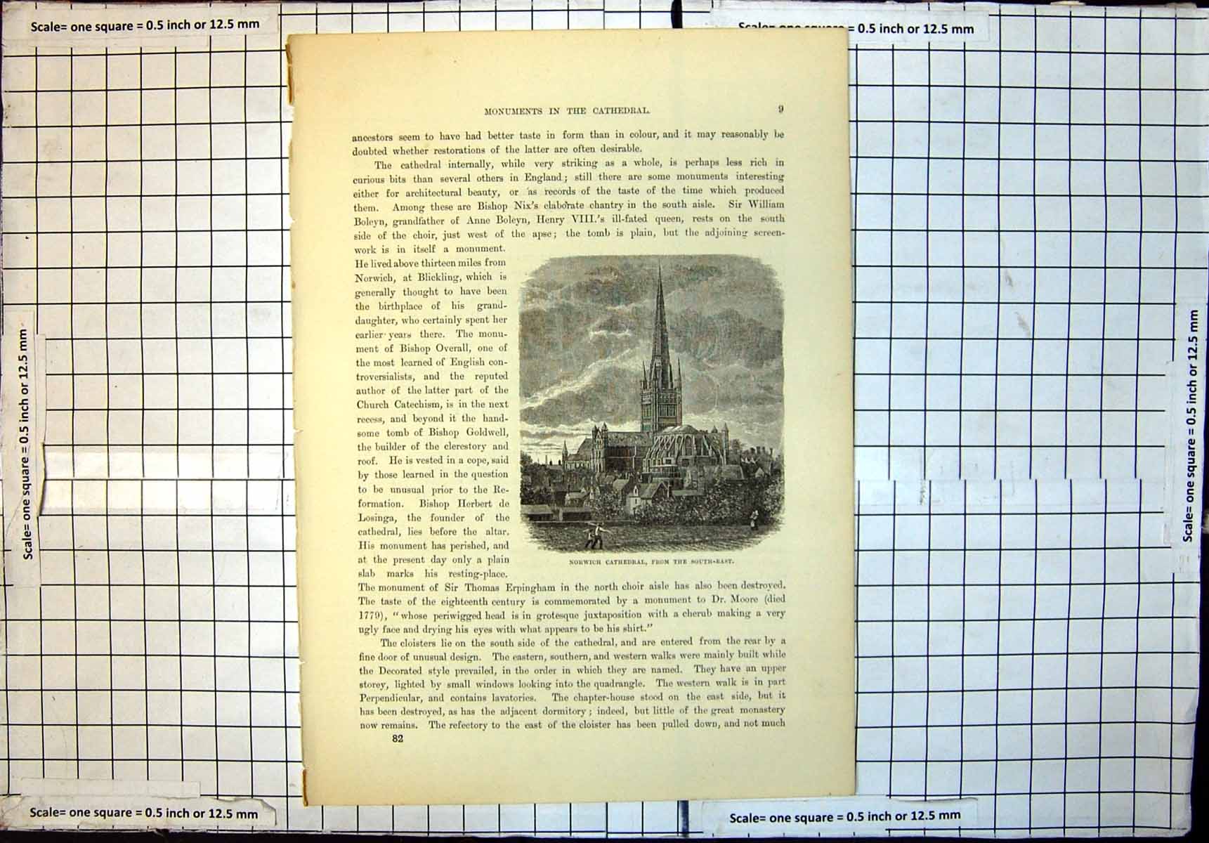 Original Old Antique Print Norwich Cathedral From South East