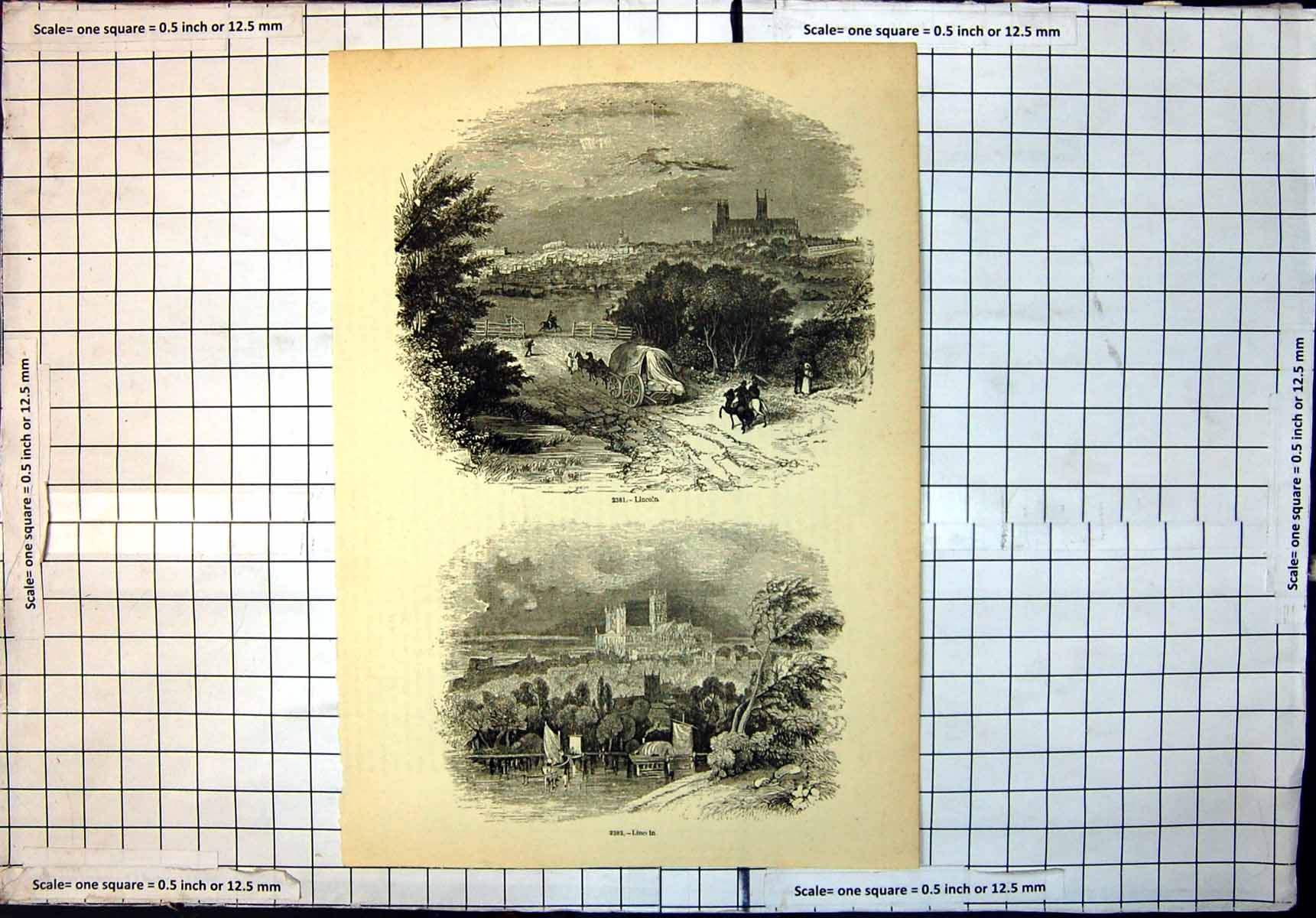 Original Old Antique Print Views Lincoln Town Cathedral River Horses Cart