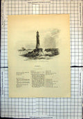 Original Old Antique Print Edystone Lighthouse Ships Sea