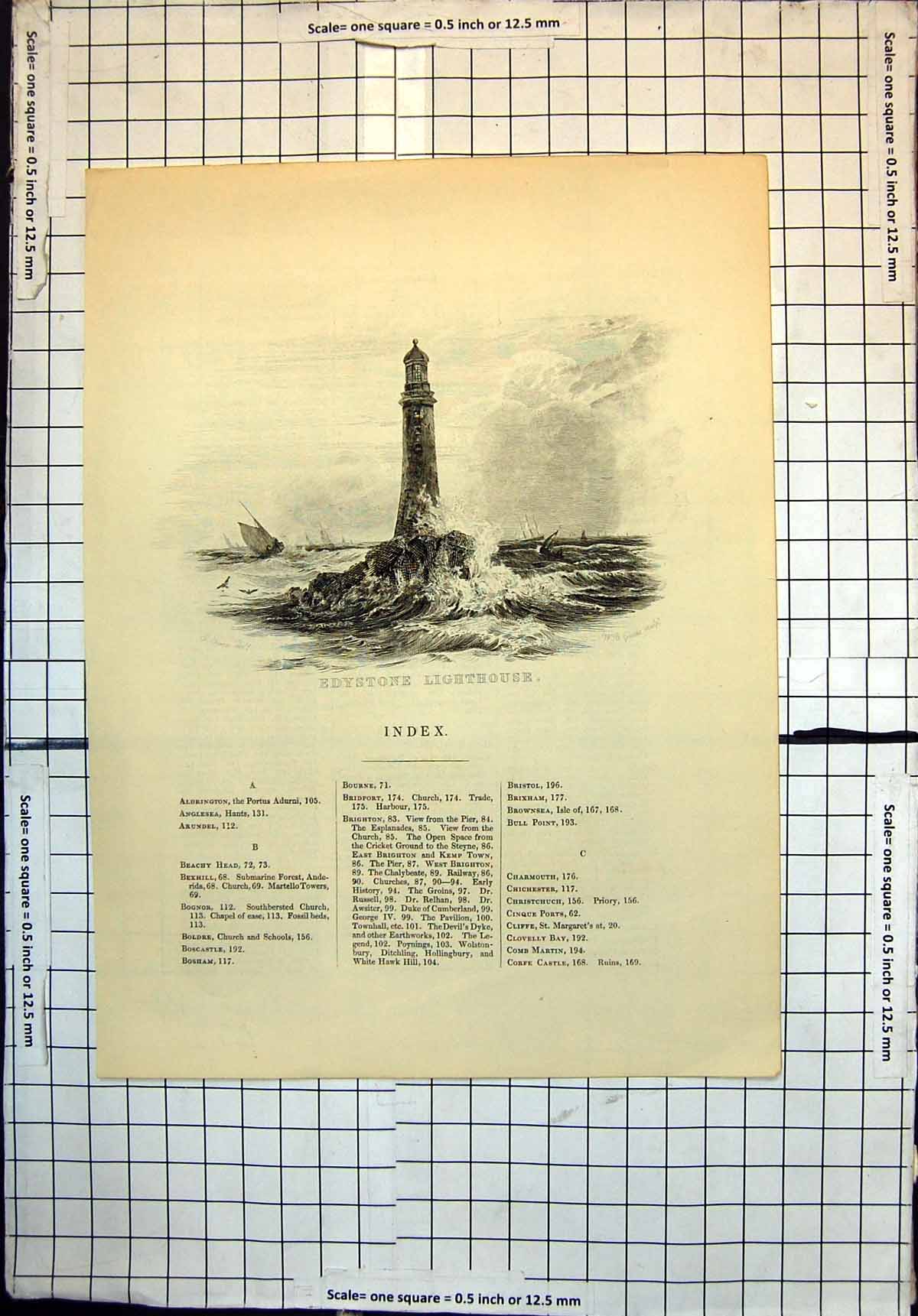 Original Old Antique Print Edystone Lighthouse Ships Sea