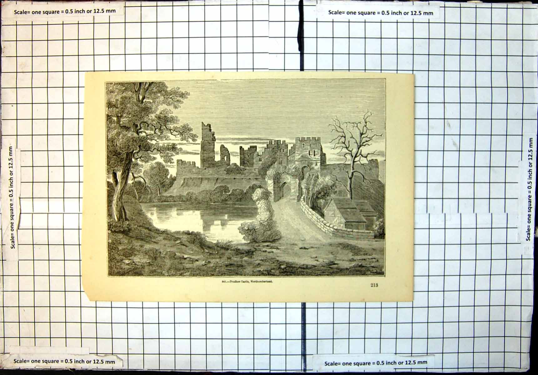 Original Old Antique Print Prudhoe Castle Northumberland