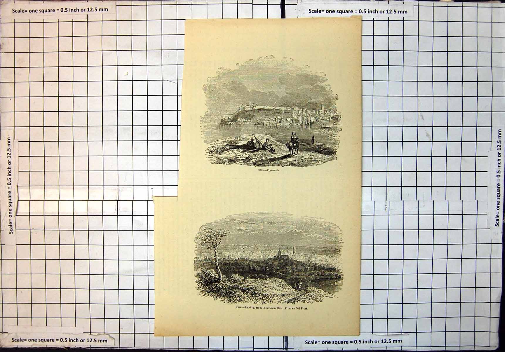 Original Old Antique Print Plymouth View Town Reading From Caversham Hill
