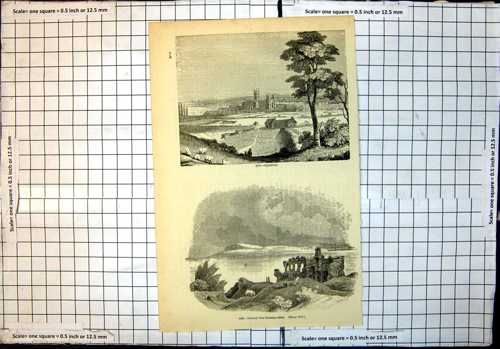 Antique Old Print Canterbury Town Cathedral Portland From Sandsfoot Castle