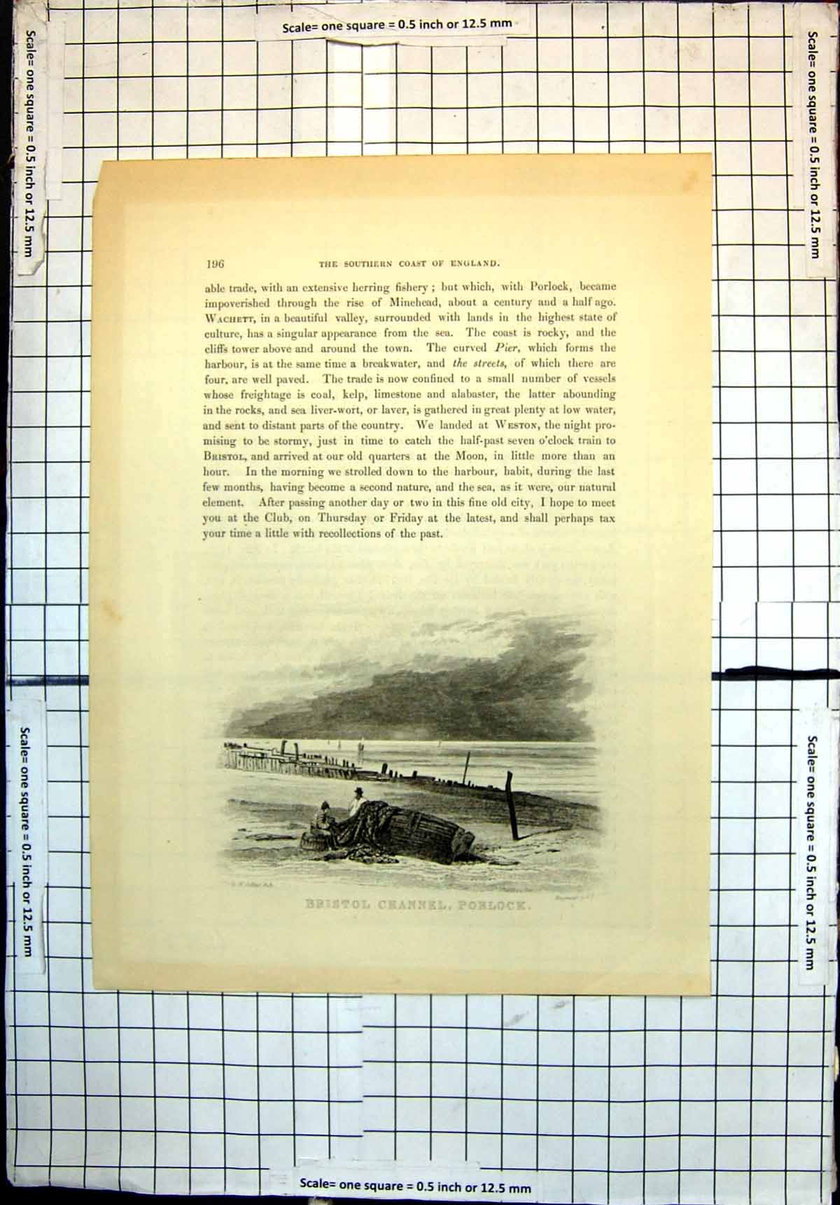 Original Old Antique Print Bristol Channel Porlock Boat Beach