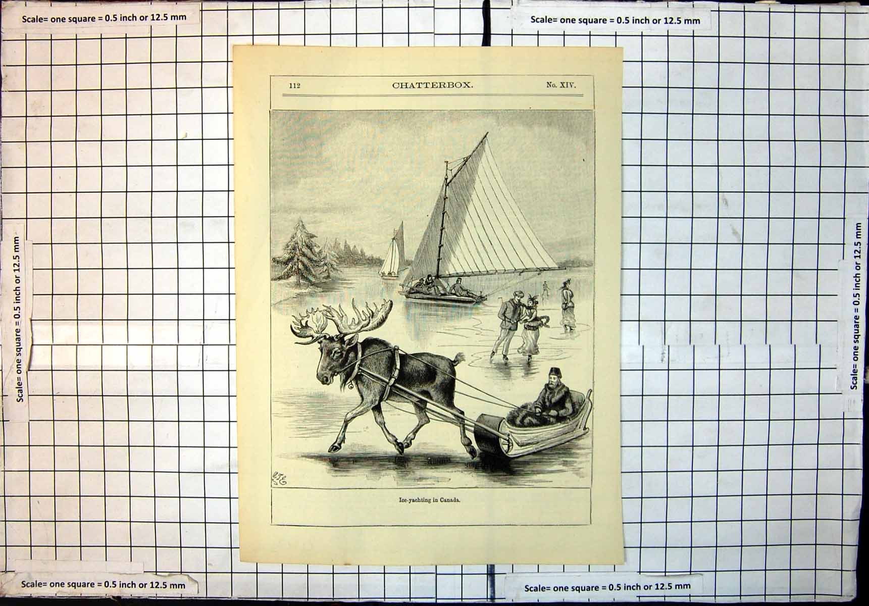 Original Old Antique Print Ice Yachting Canada Reindeer Sleigh Ice Skaters 1897