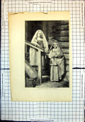 Original Old Antique Print Russian Peasant Bride Dress Long Headdress