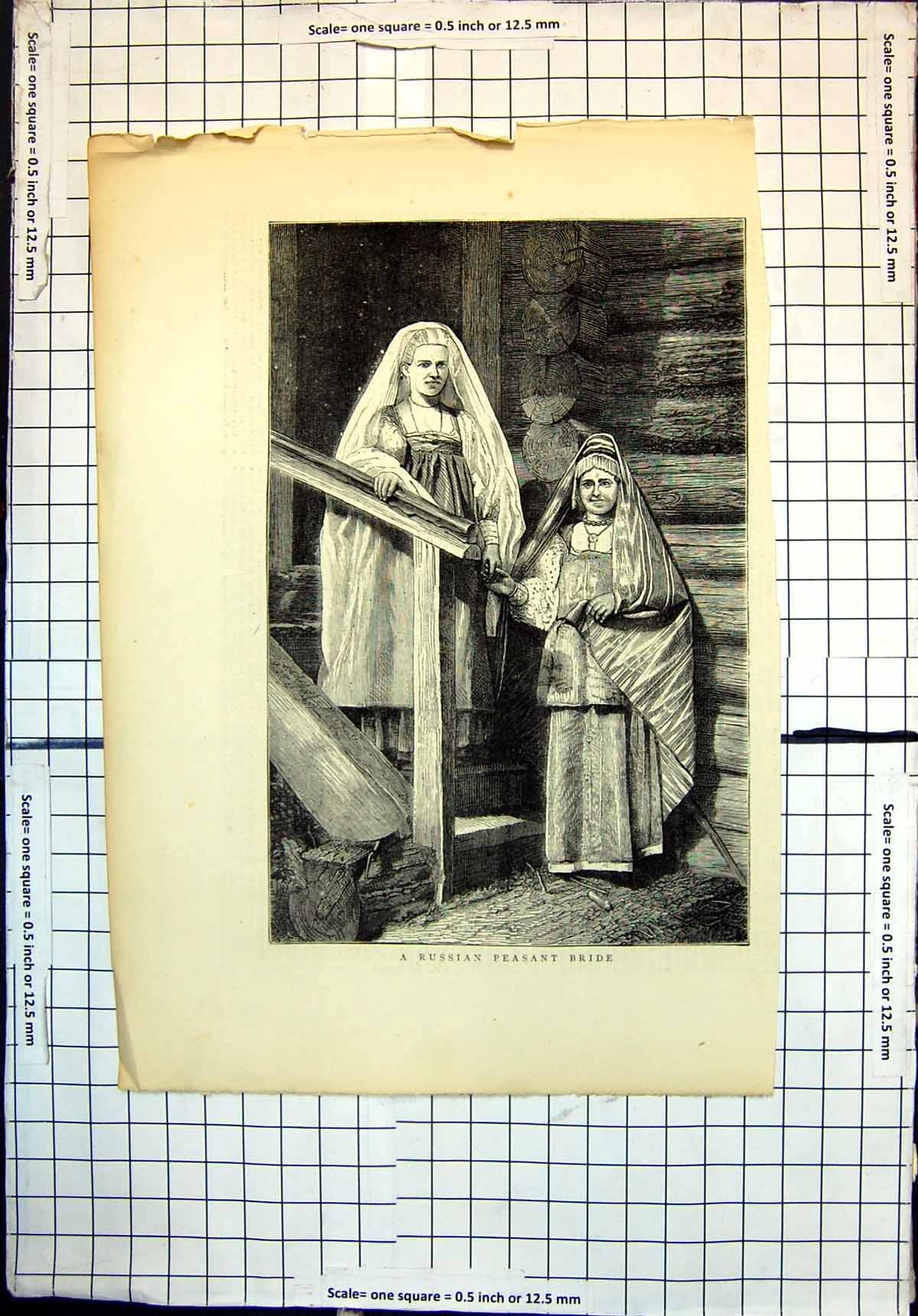 Original Old Antique Print Russian Peasant Bride Dress Long Headdress