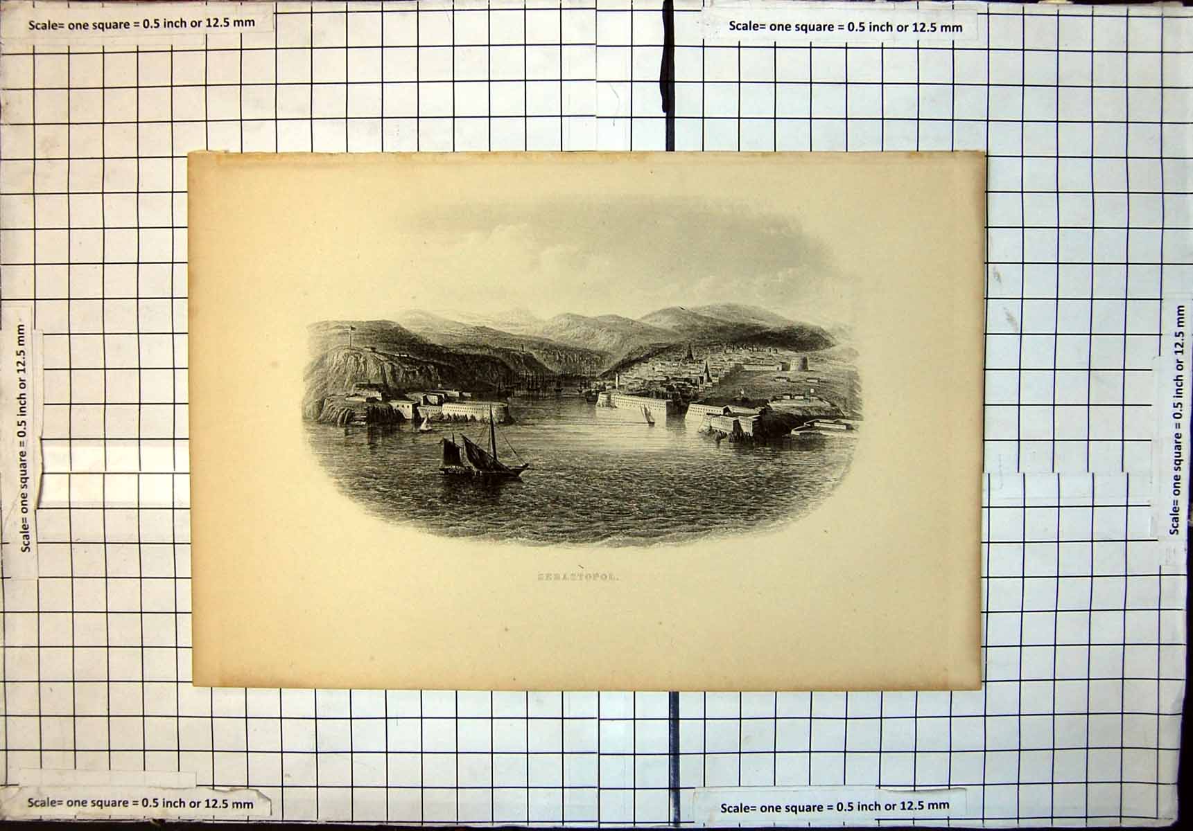 Original Old Antique Print Sebastopol Town Fort Bay Ships Harbour