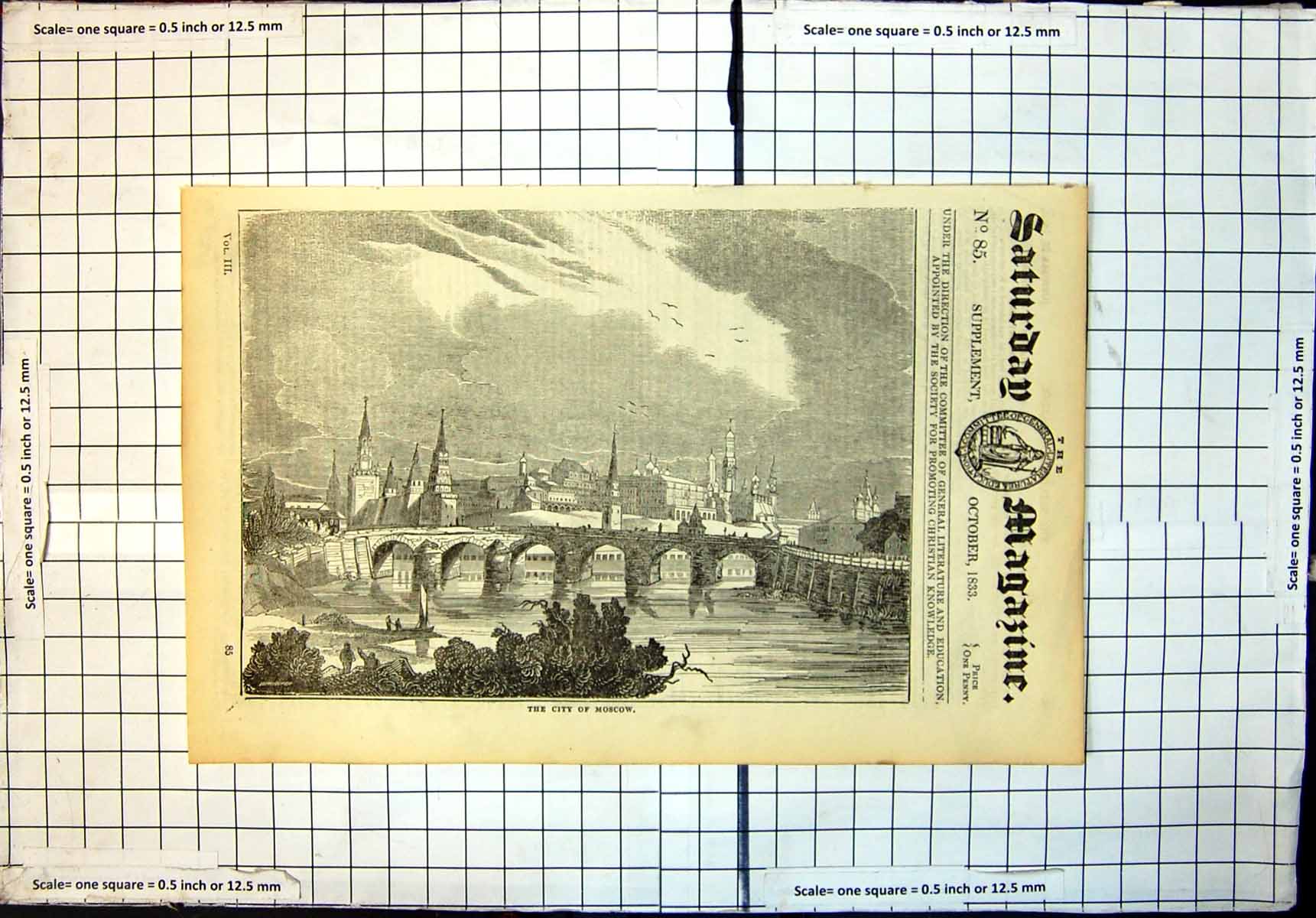 Original Old Antique Print City Moscow View Bridge River Churches 1833 19th
