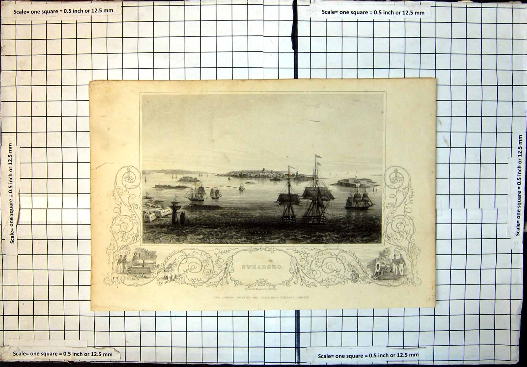 Original Old Antique Print Sweaborg Town Distance Islands Ships Sea