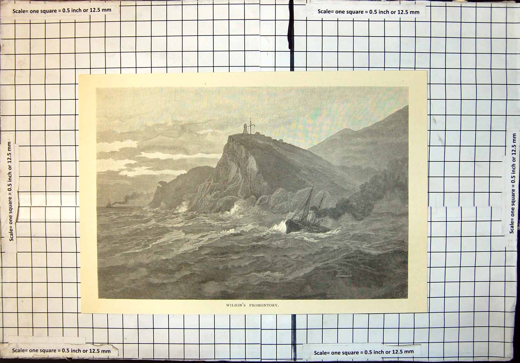 Antique Old Print Wilsons Promontory Cliffs Ships Stormy Sea Victoria 1886 19th