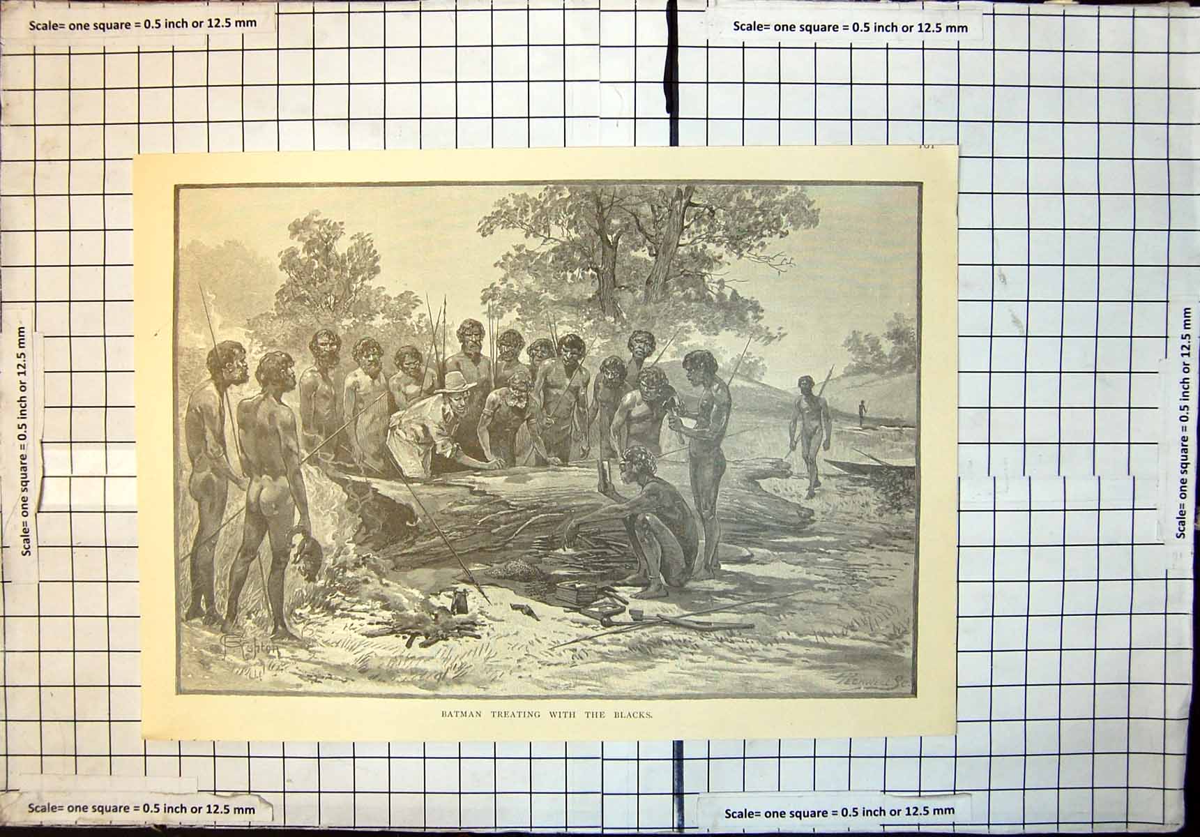 Original Old Antique Print Batman Treating With The Blacks Victoria 1886 19th