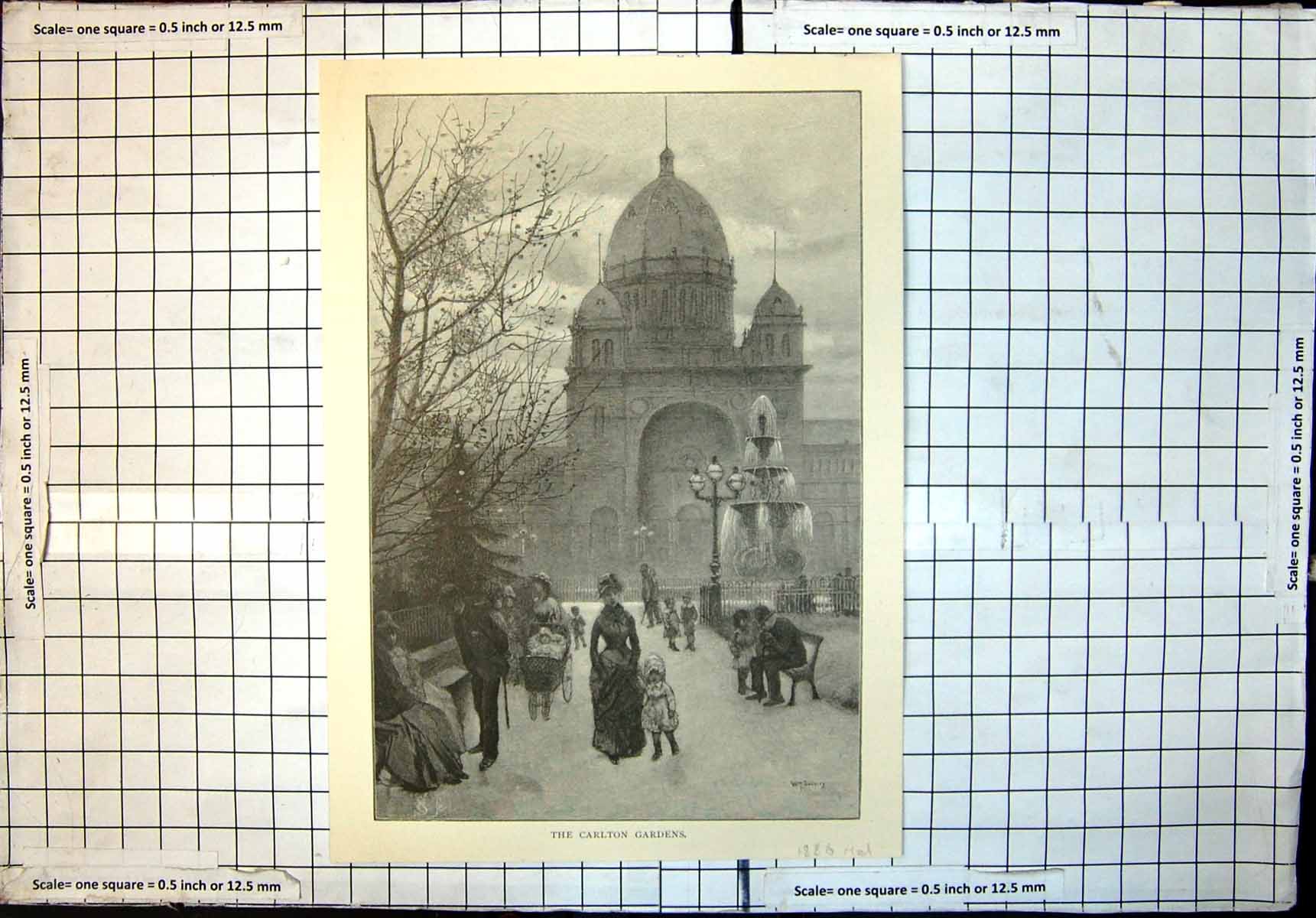 Antique Old Print Carlton Gardens Melbourne Fountain Families Walking 1886 19th