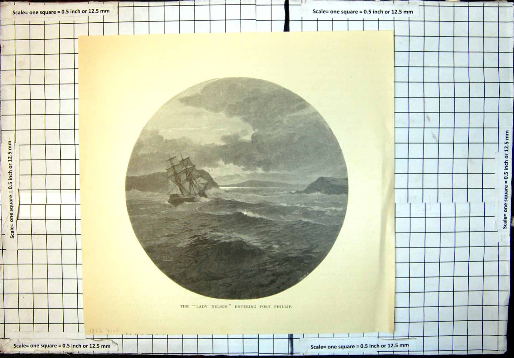 Original Old Antique Print Lady Nelson Entering Port Phillip Sailing Ship 1886
