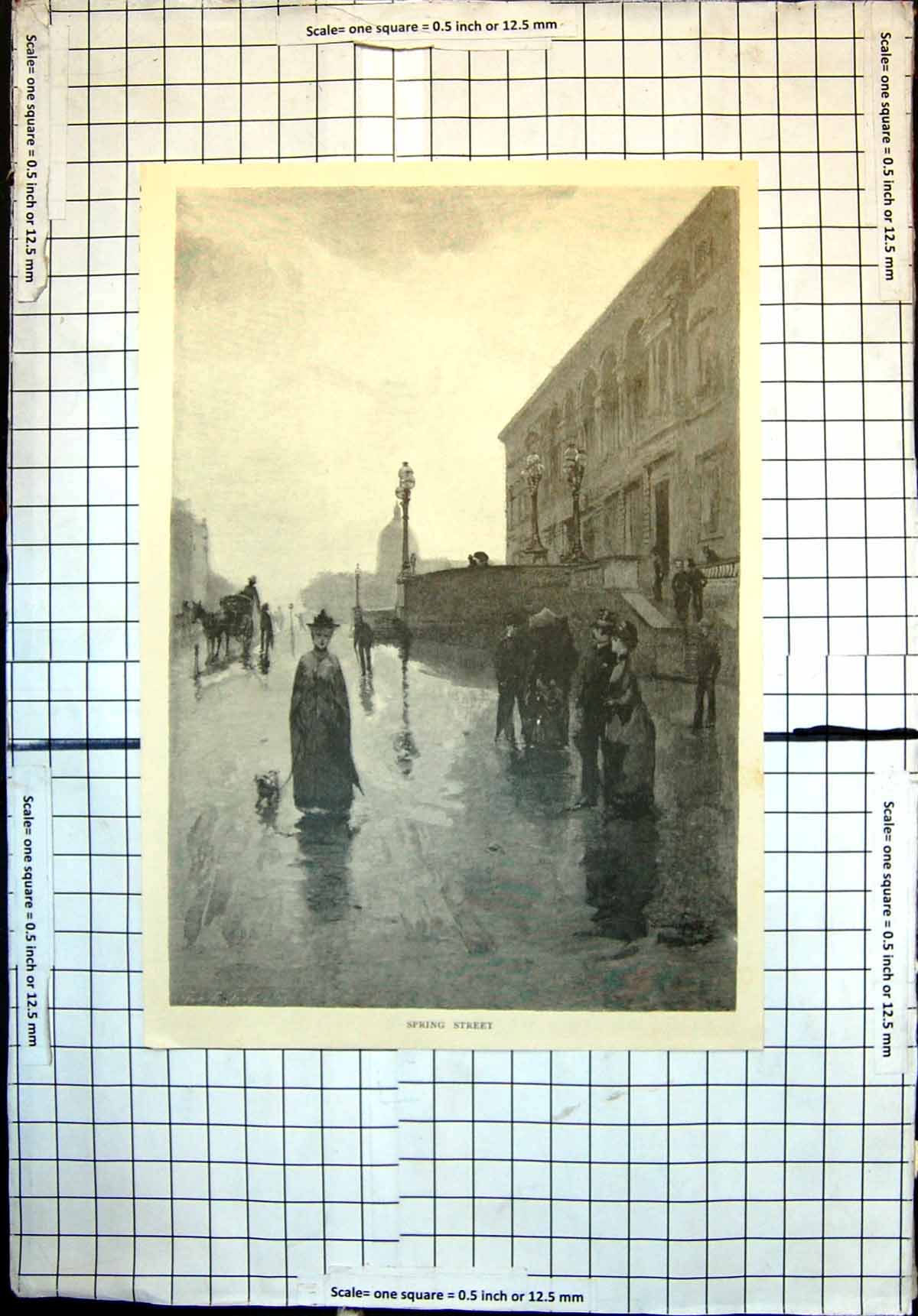 Antique Old Print Spring Street Melbourne Wet Day Horse Carriage Walkers 1886