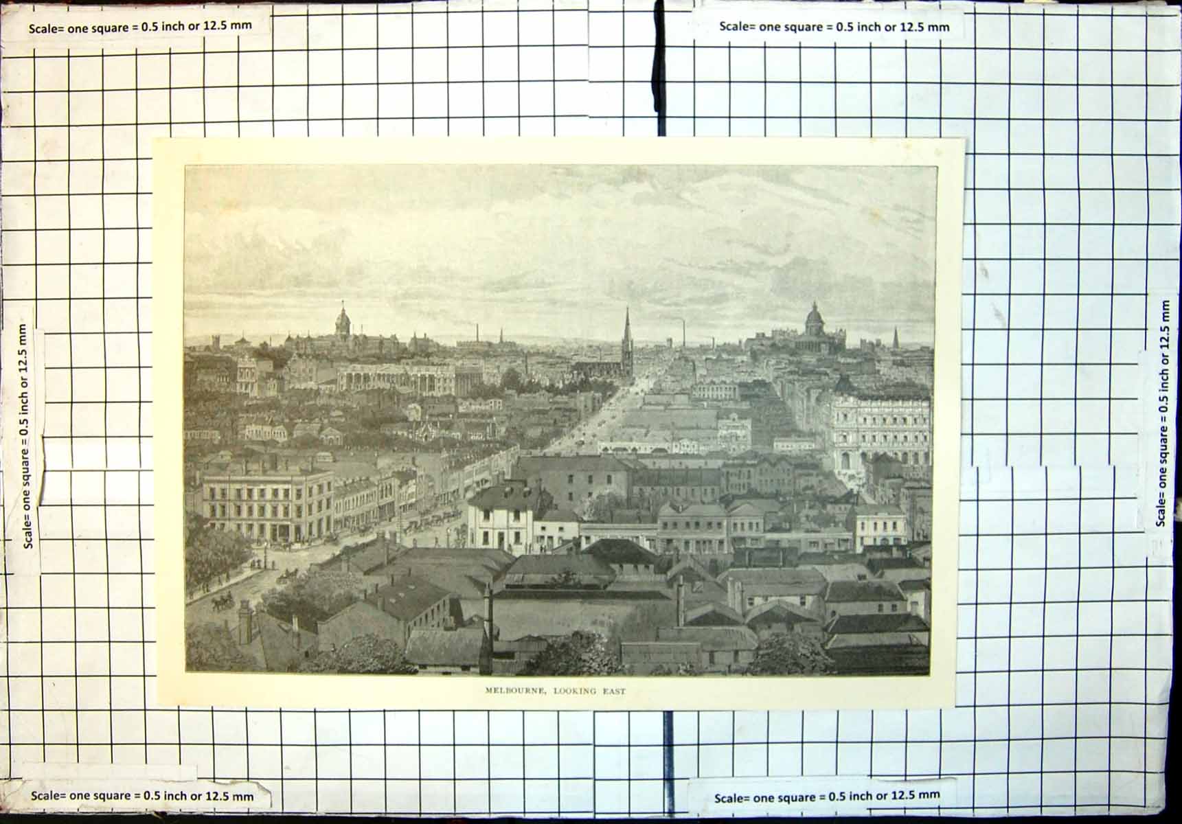 Original Old Antique Print Melbourne City Looking East 1886 19th