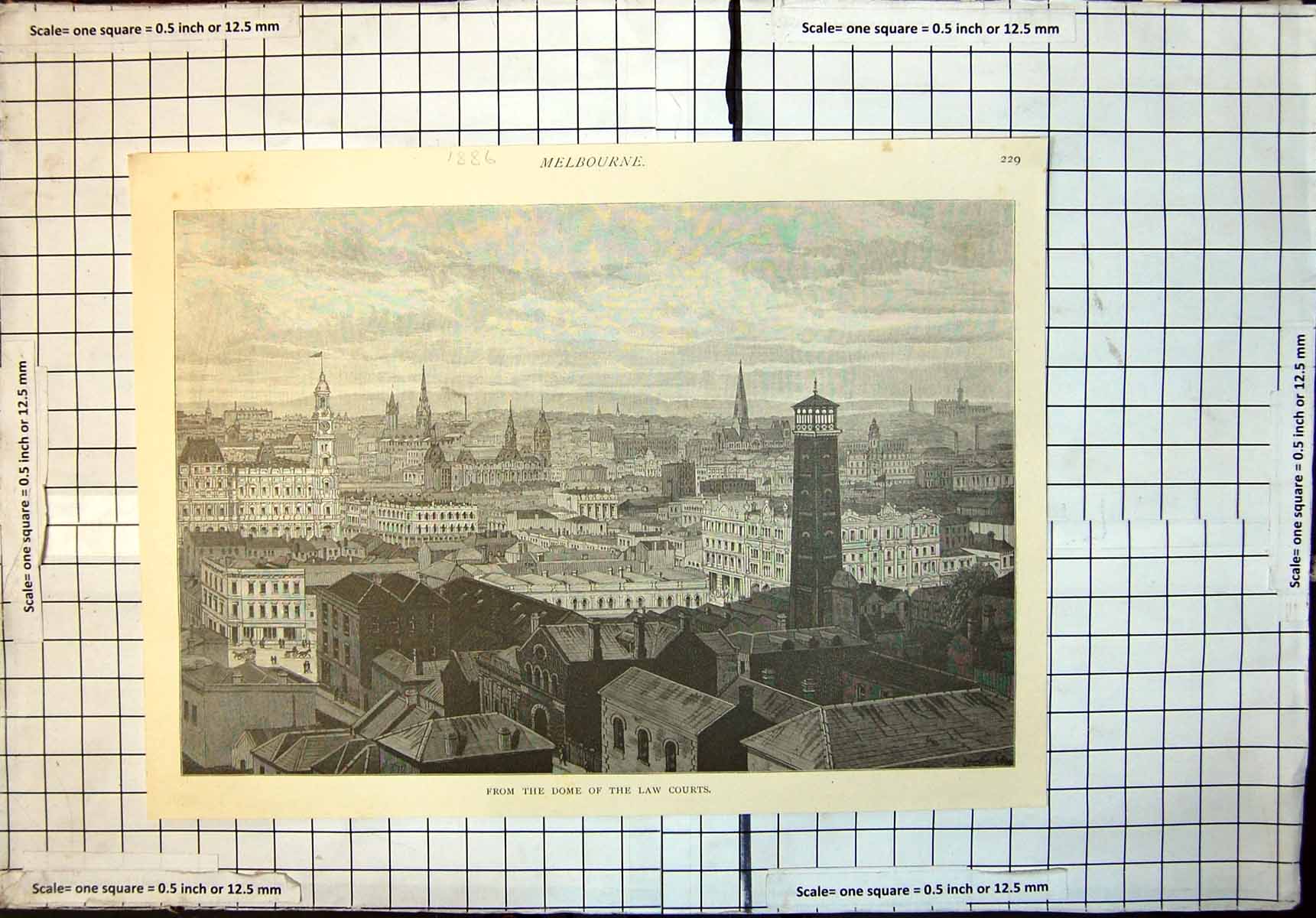 Original Old Antique Print Melbourne City From Dome Law Courts 1886 Victorian