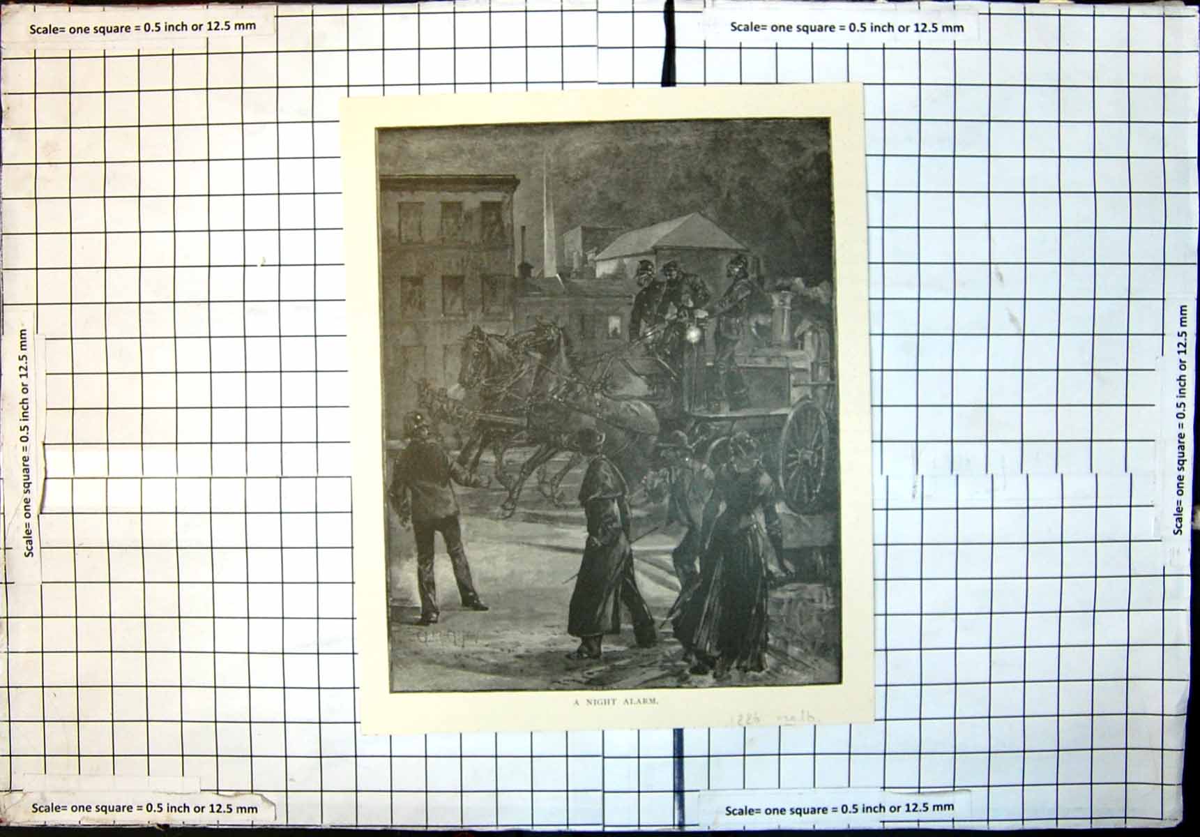 Old Antique Print Night Alarm Melbourne Firemen Engine Pulled Horses 1886 19th