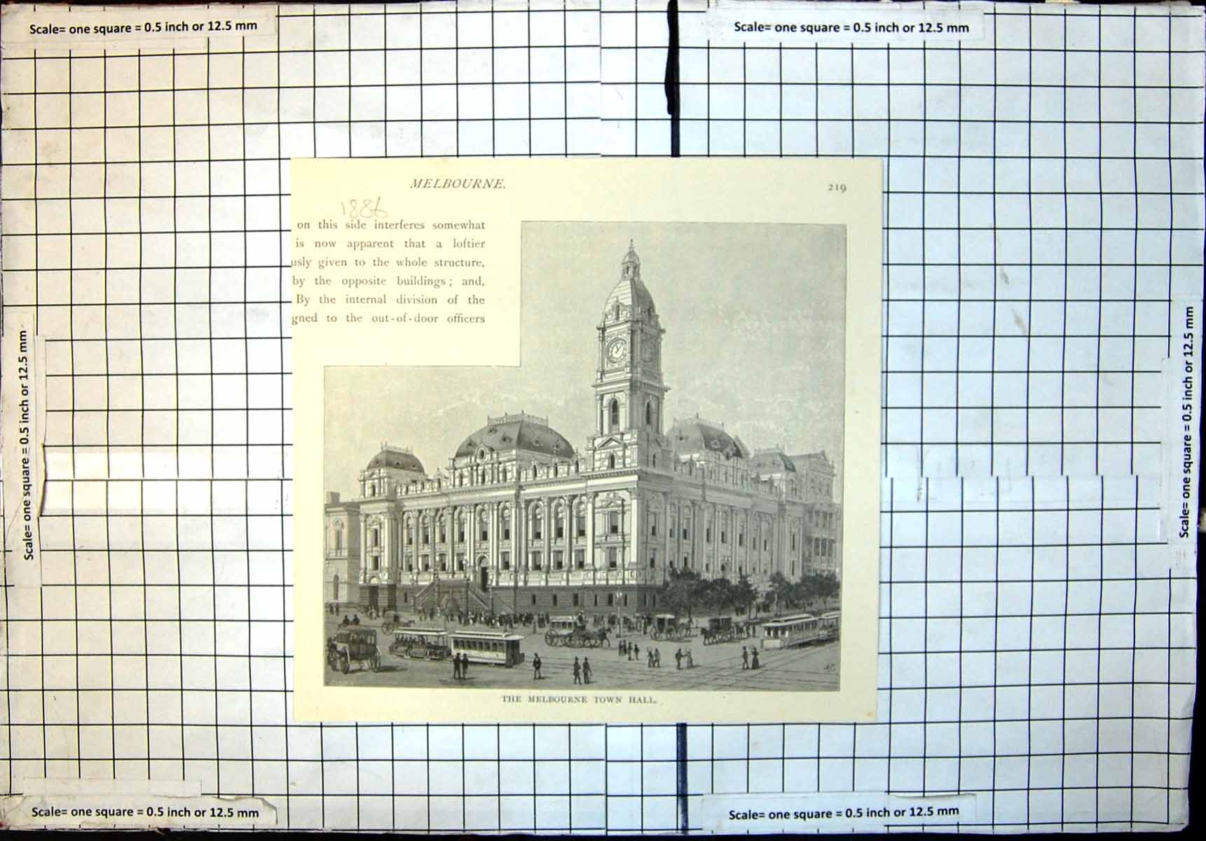 Original Old Antique Print Melbourne Town Hall Exterior Trams 1886 Victorian