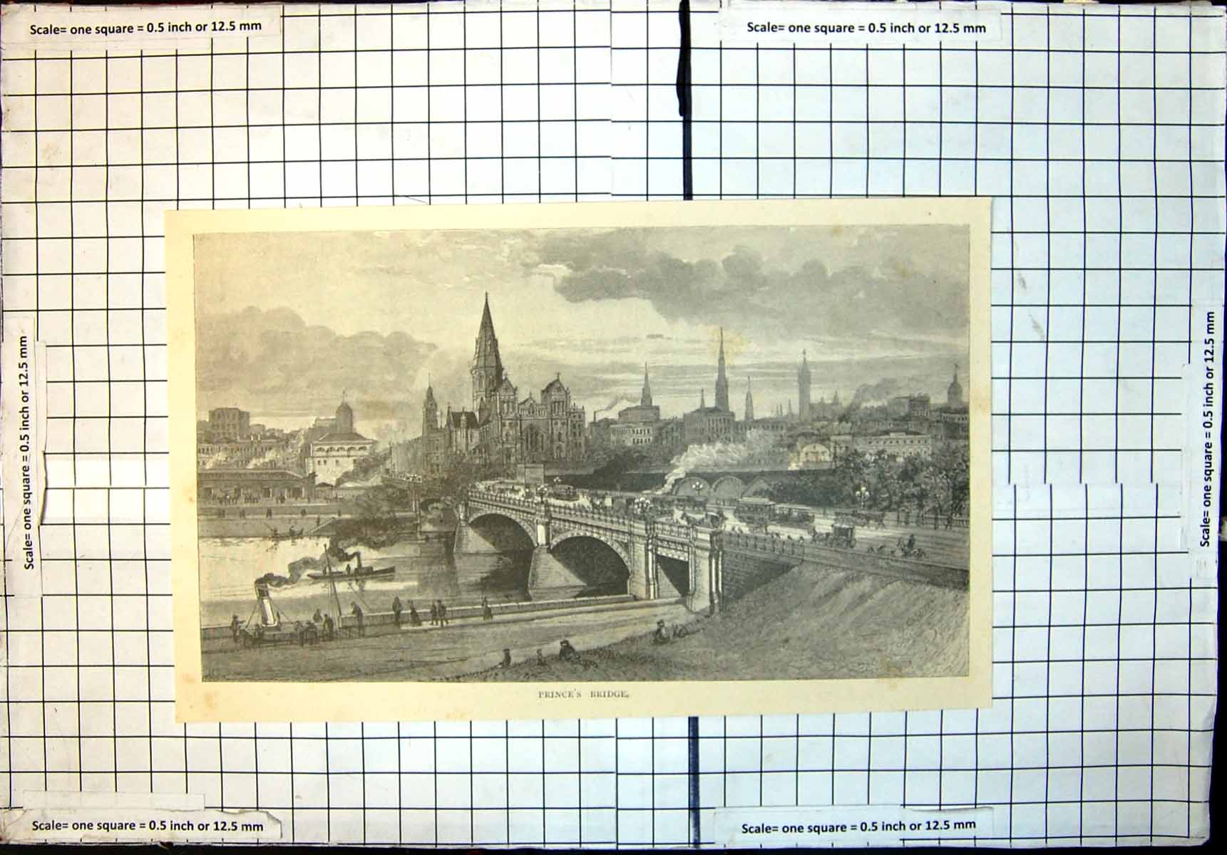 Original Old Antique Print Princes Bridge Melbourne Boats Horses Carriages 1886