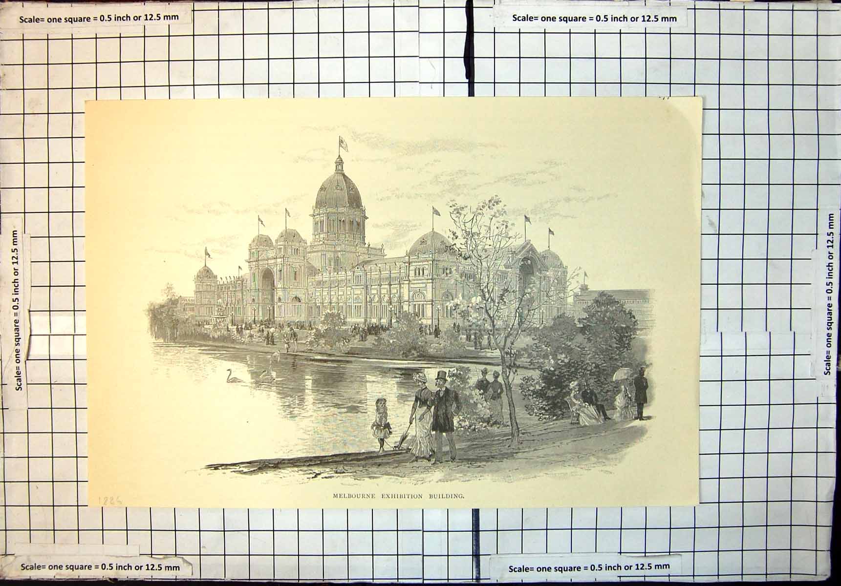 Old Antique Print Melbourne Exhibition Building Swans Lake Gardens 1886 19th