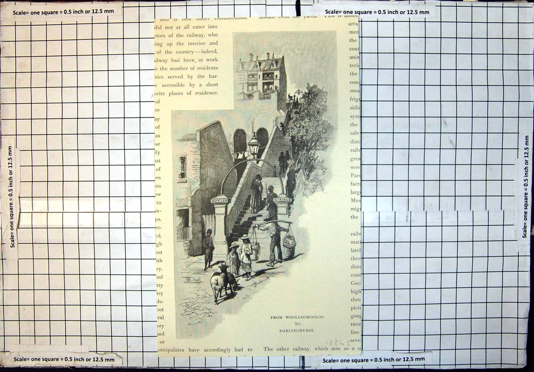 Original Old Antique Print From Woolloomooloo To Darlinghurst Butler Stairs