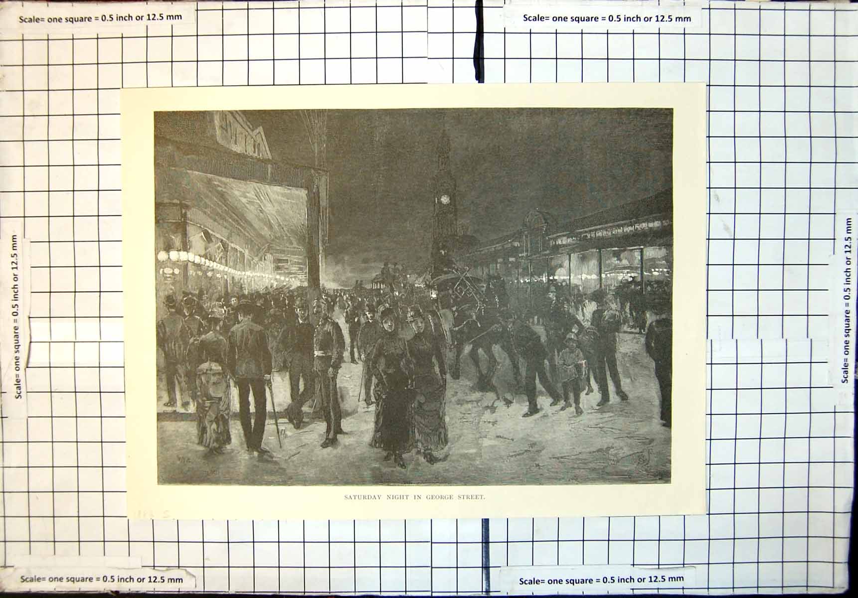 Original Old Antique Print Saturday Night George Street Sydney Pedestrians 1886
