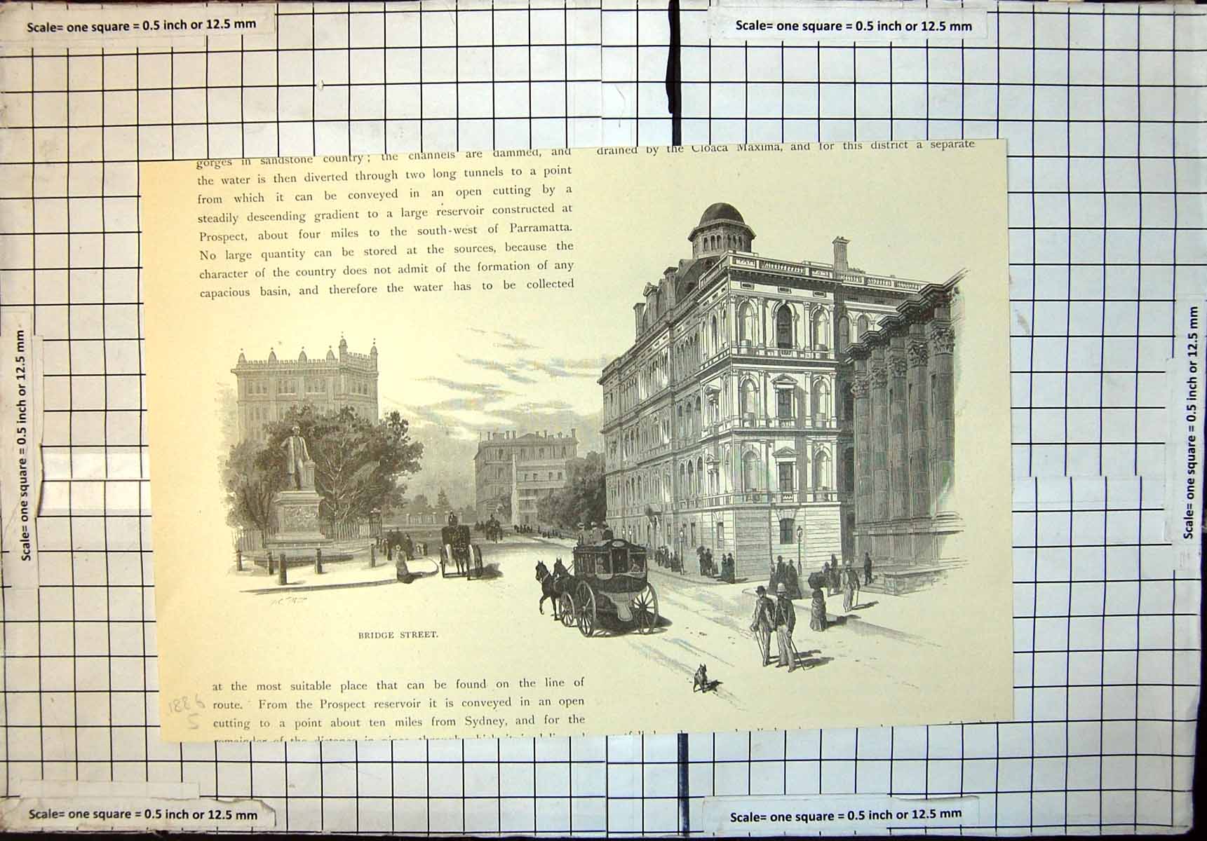 Old Antique Print Bridge Street Sydney Horses Carriage Pedestrians 1886 19th