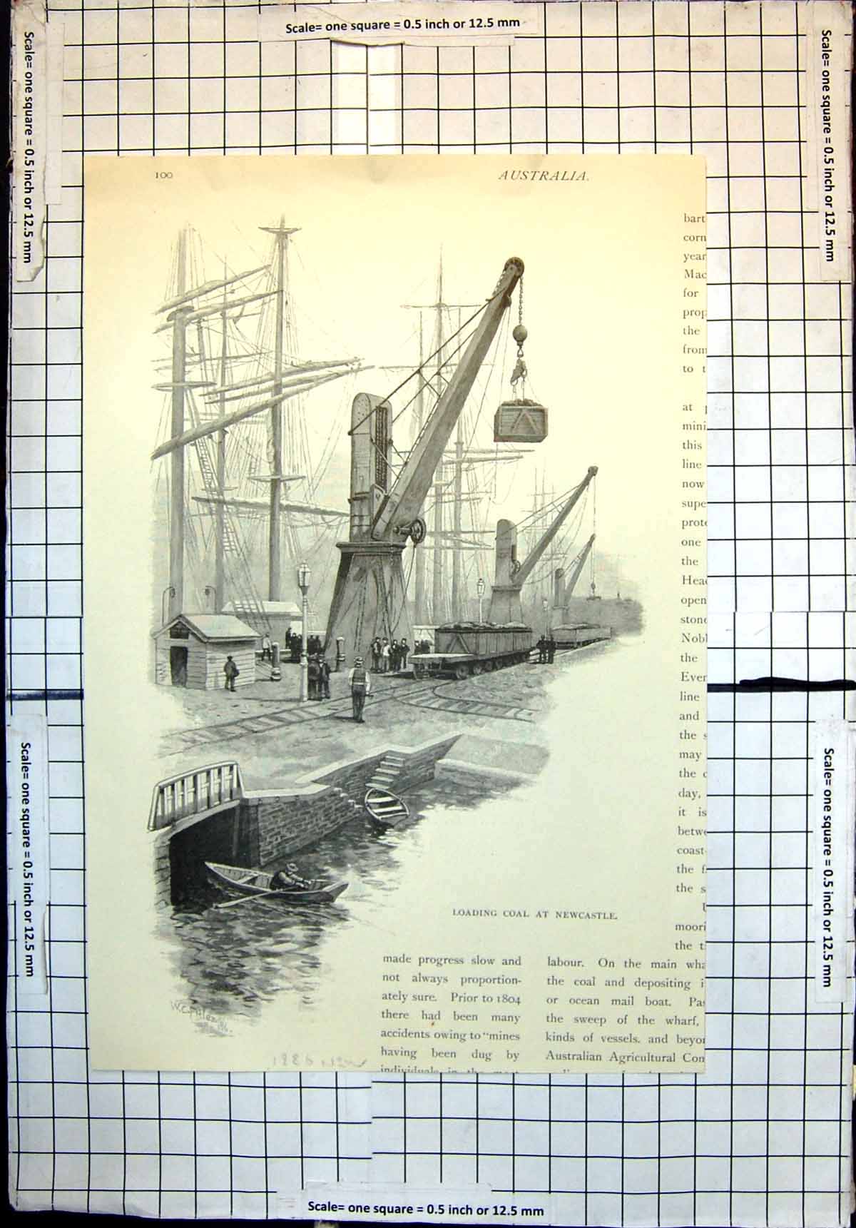 Old Antique Print Loading Coal Newcastle New South Wales Crane Ship 1886 19th