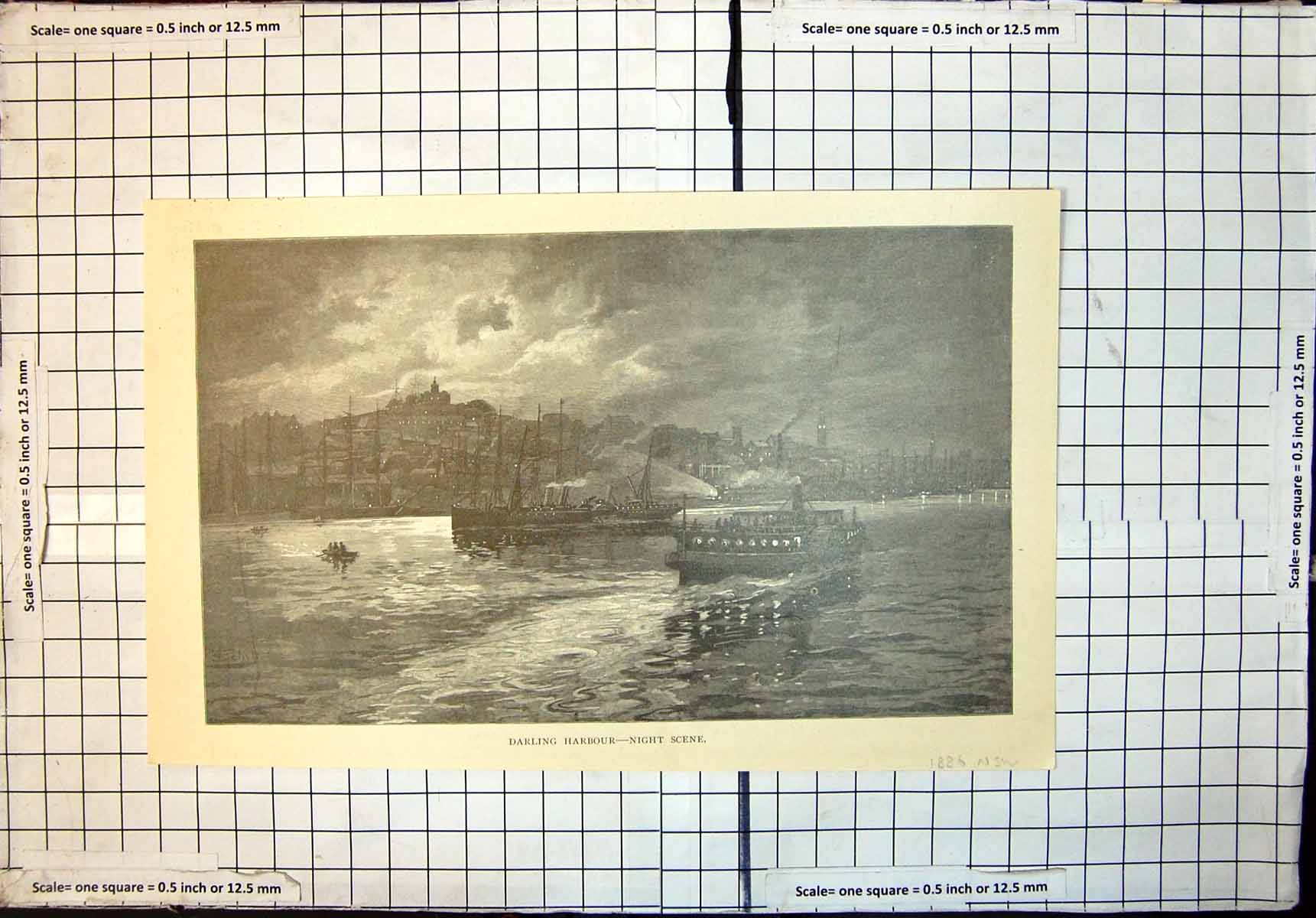 Original Old Antique Print Darling Harbour New South Wales Night Scene 1886