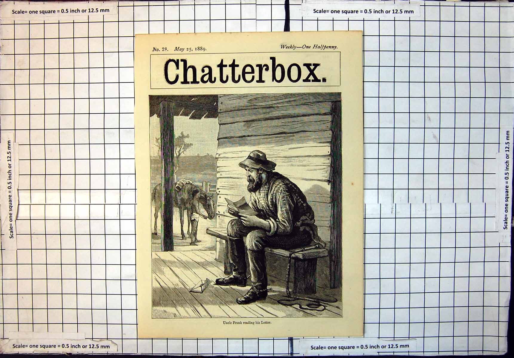 Original Old Antique Print Uncle Frank Reading Letter Log Cabin Horse 1889 19th