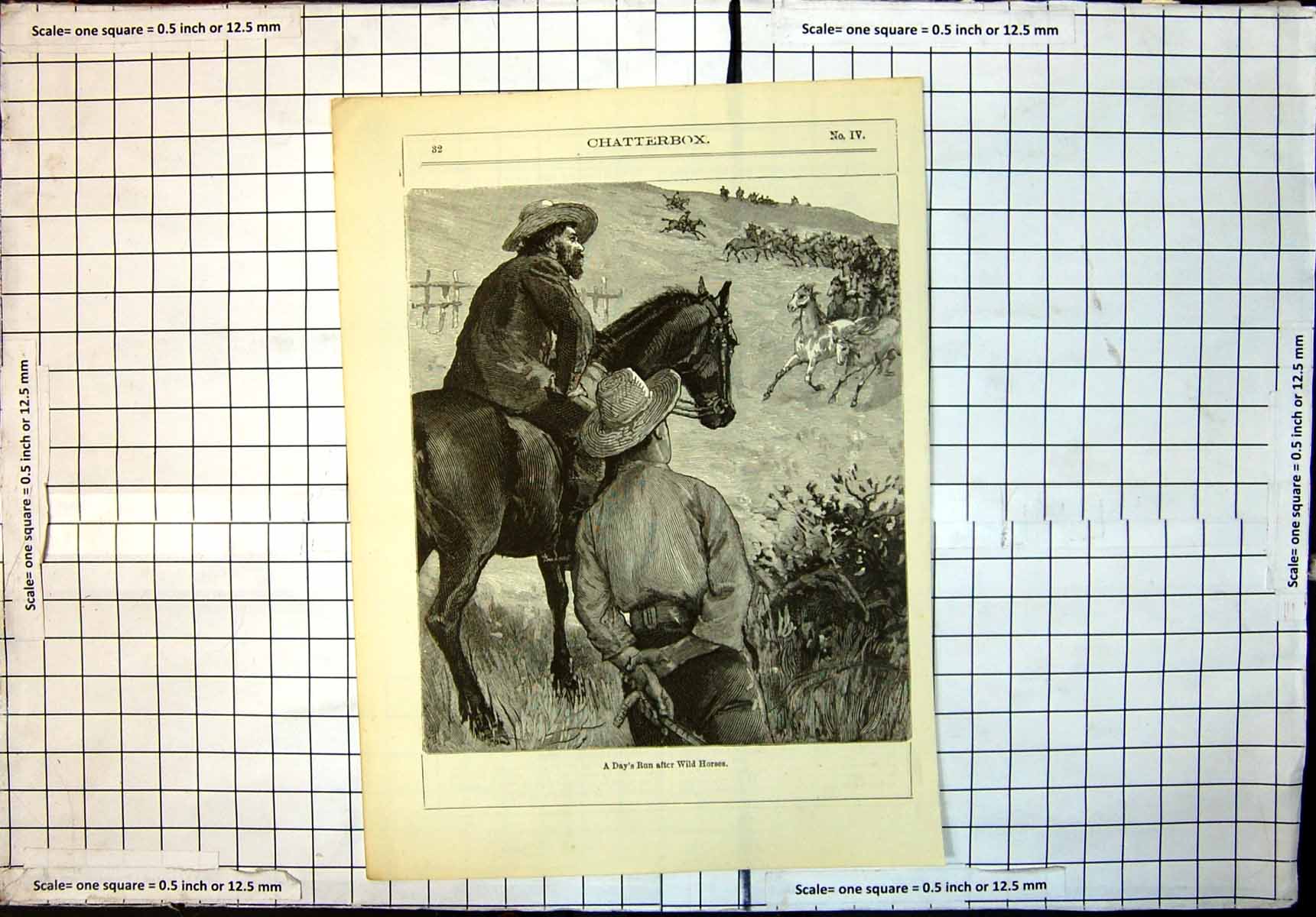 Original Old Antique Print Days Run After Wild Horses