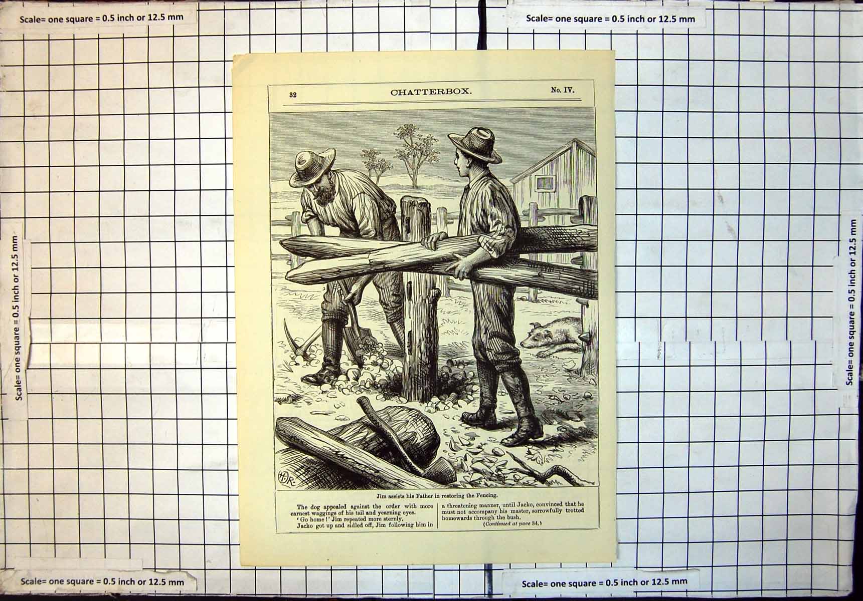 Original Old Antique Print Jim Assists His Farher Restoring Fencing