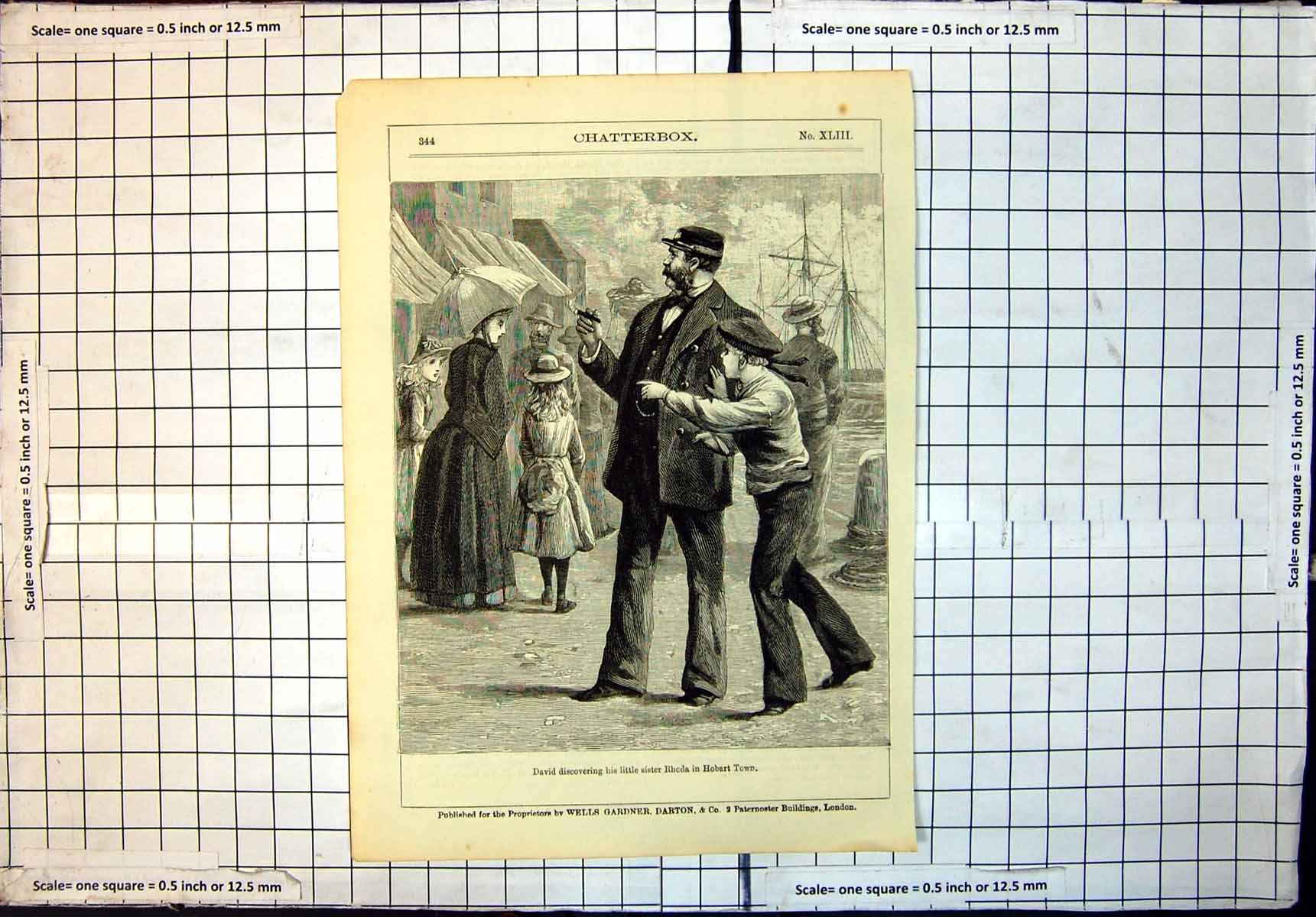Antique Old Print David Discovering His Little Sister Rhoda In Hobart Town