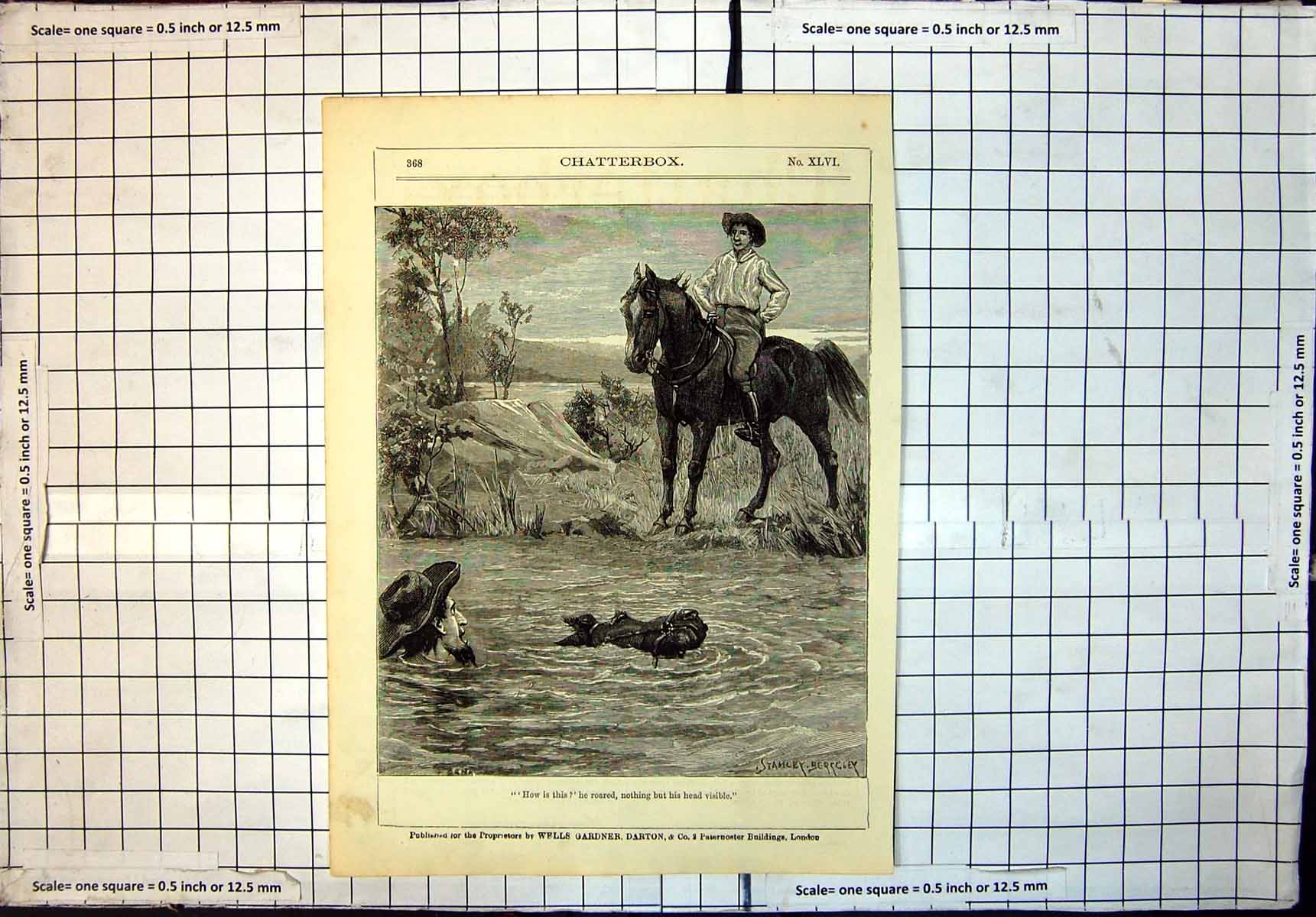 Original Old Antique Print Man Horse River Watched Man Horse