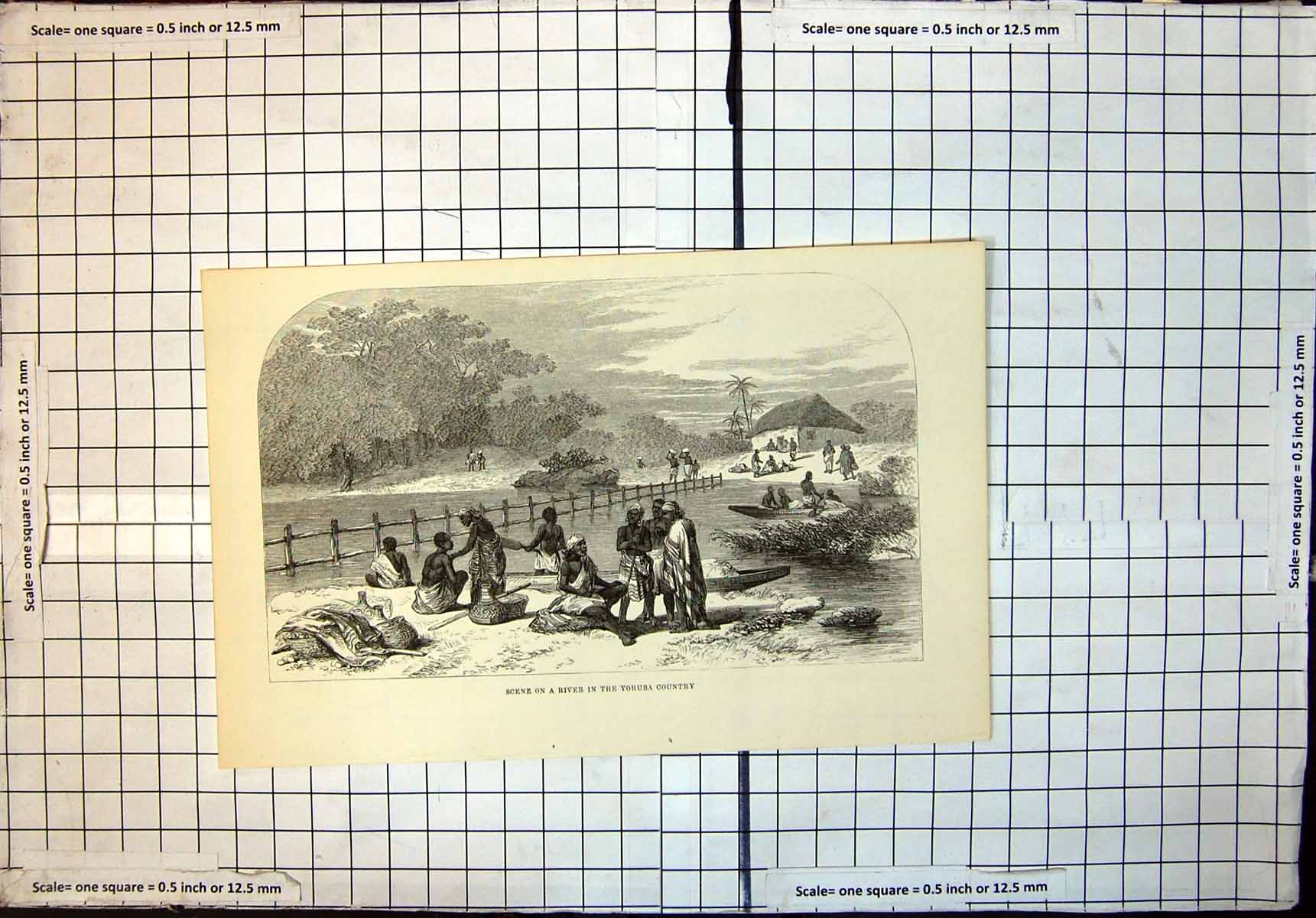 Original Old Antique Print Scene River Yoruba Country Natives Canoes