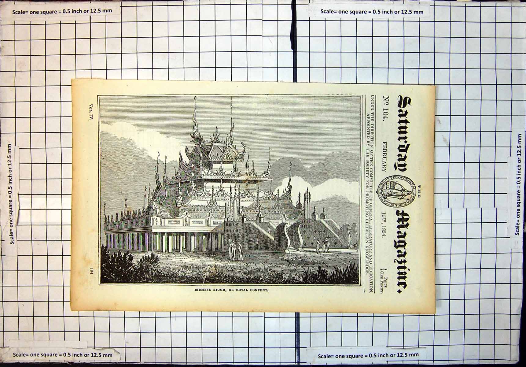 Original Old Antique Print Birmese Kioum Or Royal Convent 1834 19th Century