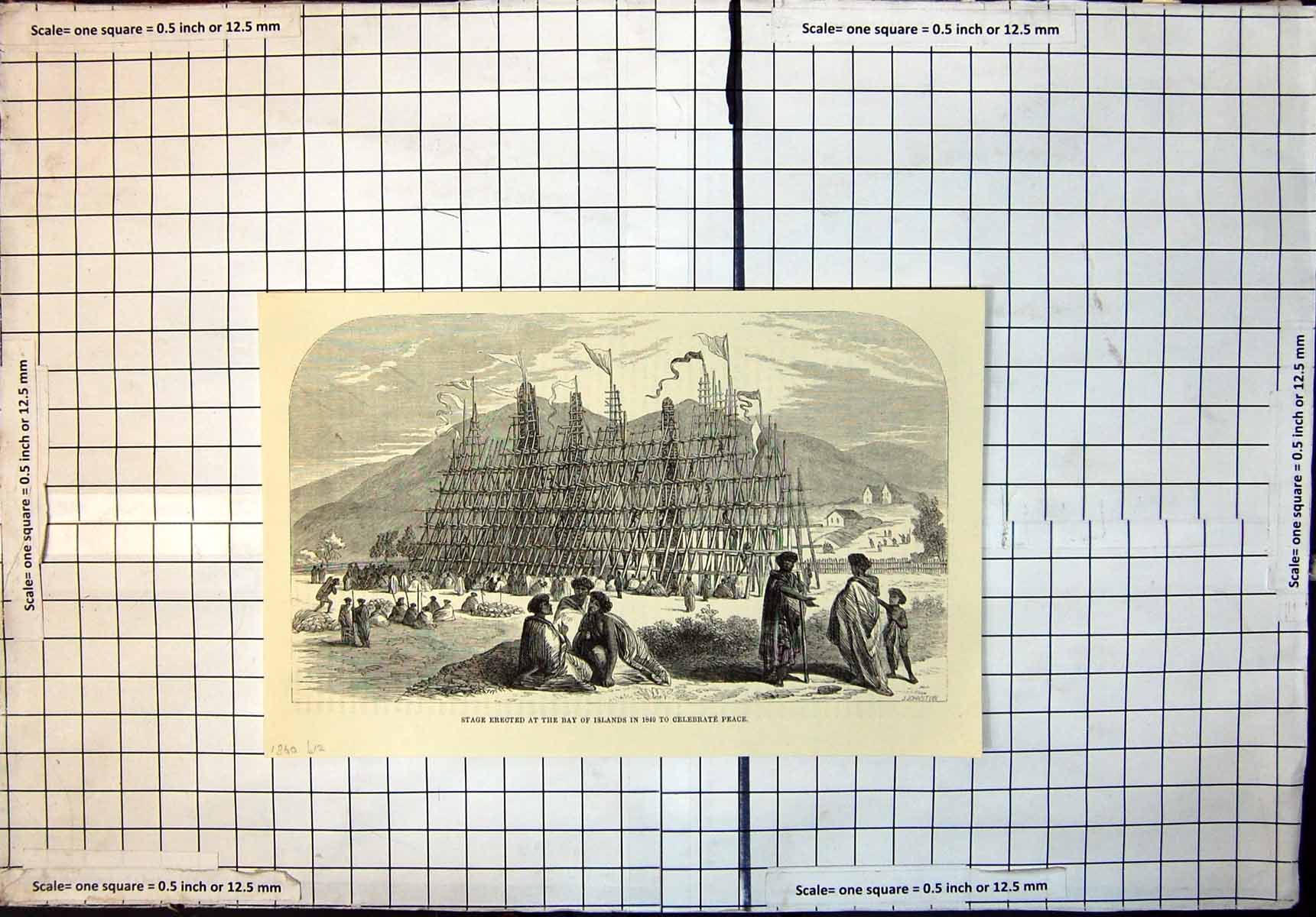Old Antique Print Stage Erected Bay Islands 1849 To Celebrate Peace 1860 19th