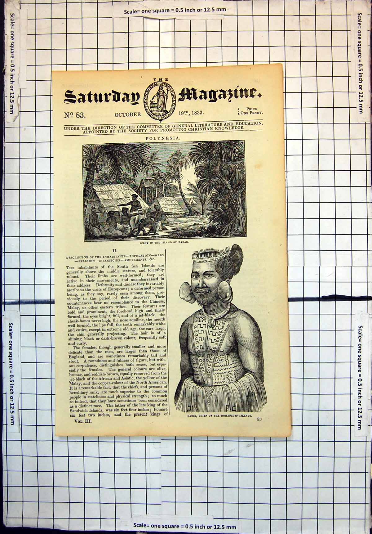 Old Print Polynesia Scene Island Radak Carik Chief Romanzoff Islands 1833 19th