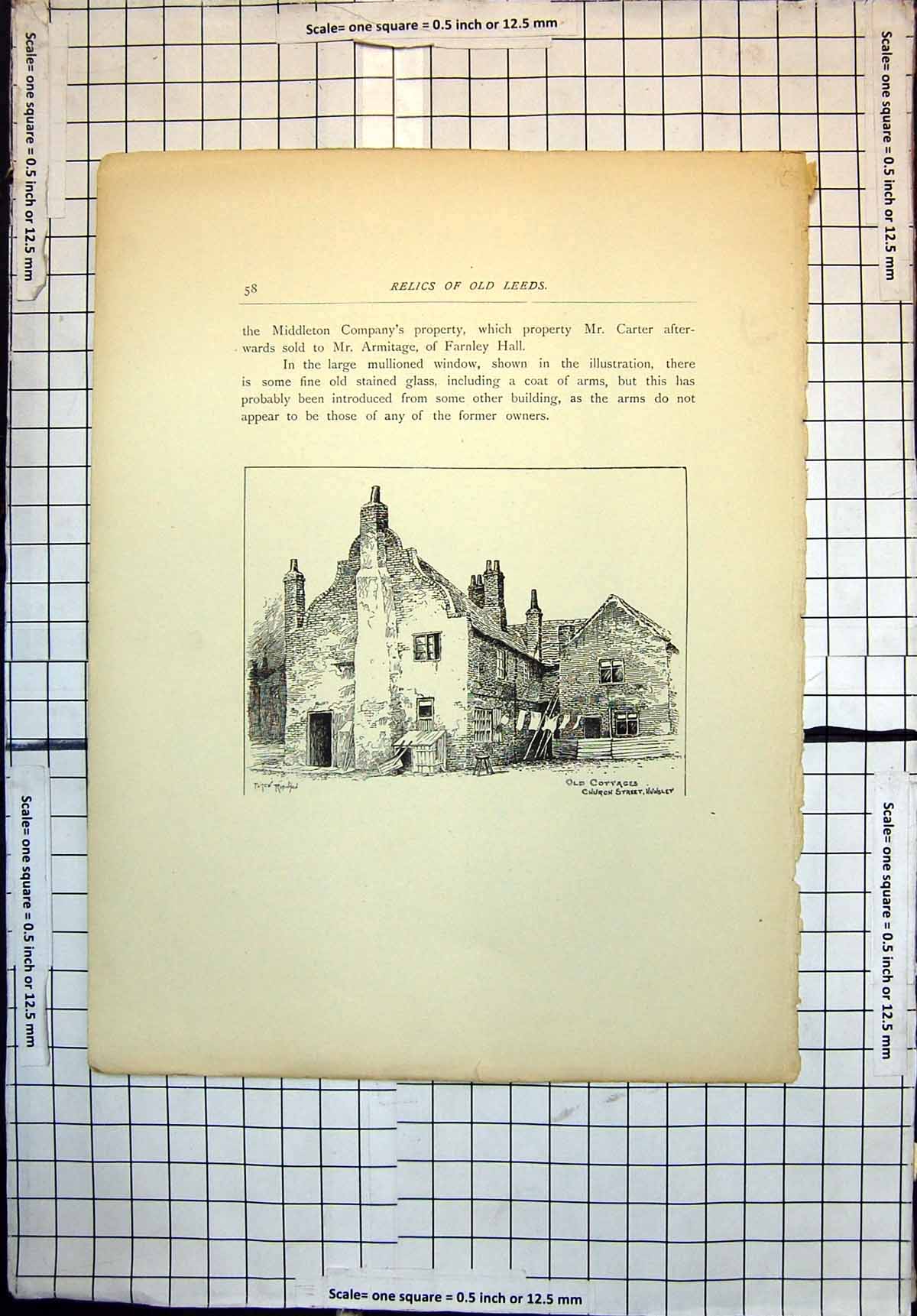 Original Old Antique Print Cottages Church Street Hunslet