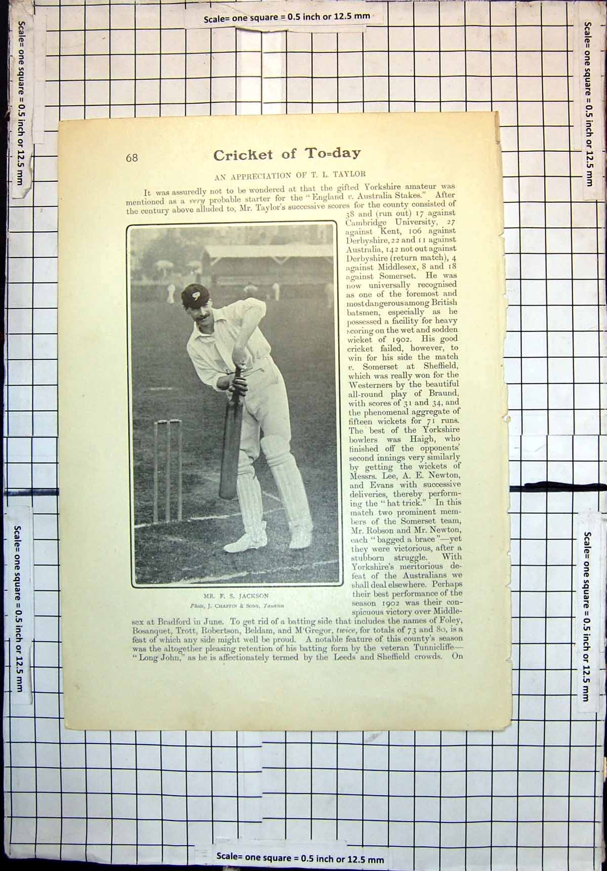 Original Old Antique Print Cricket Mr F S Jackson