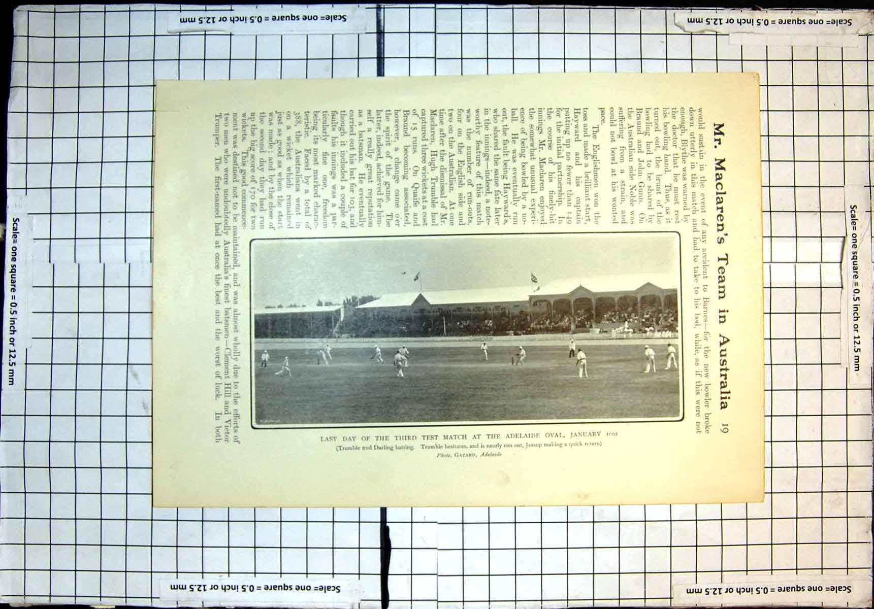 Old Print Last Day Third Test Match Adelaide Oval Jessop Trumble Darling