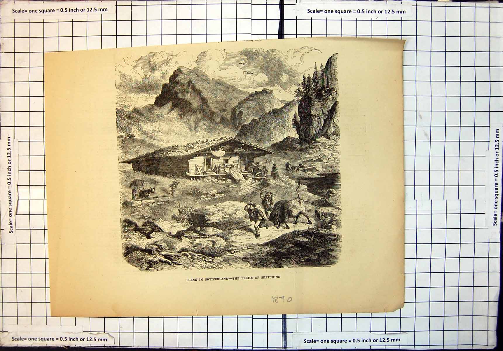Antique Old Print Scene Switzerland Perils Sketching Chased By Bull Chalet