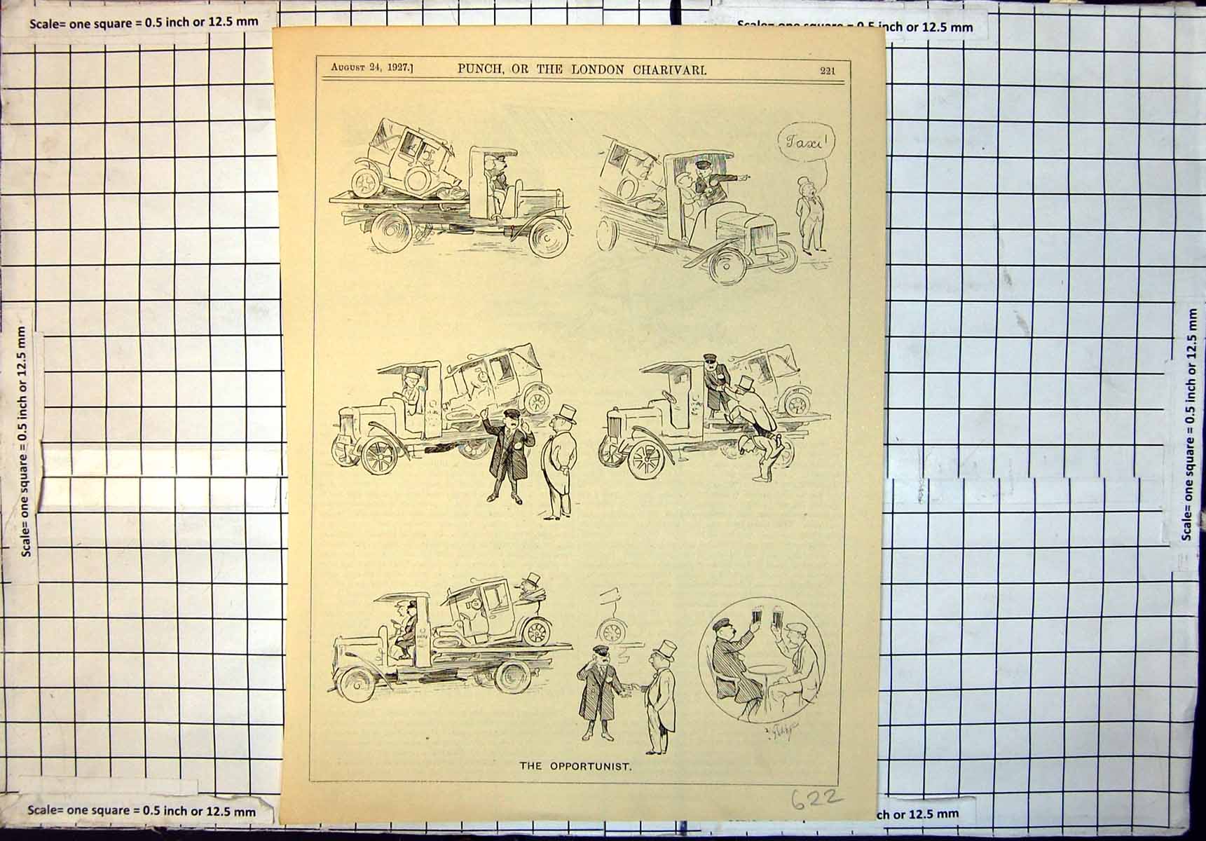 Antique Print Opportunist Car Puncture Back Truck Greyhounds Hustling 1927 20th